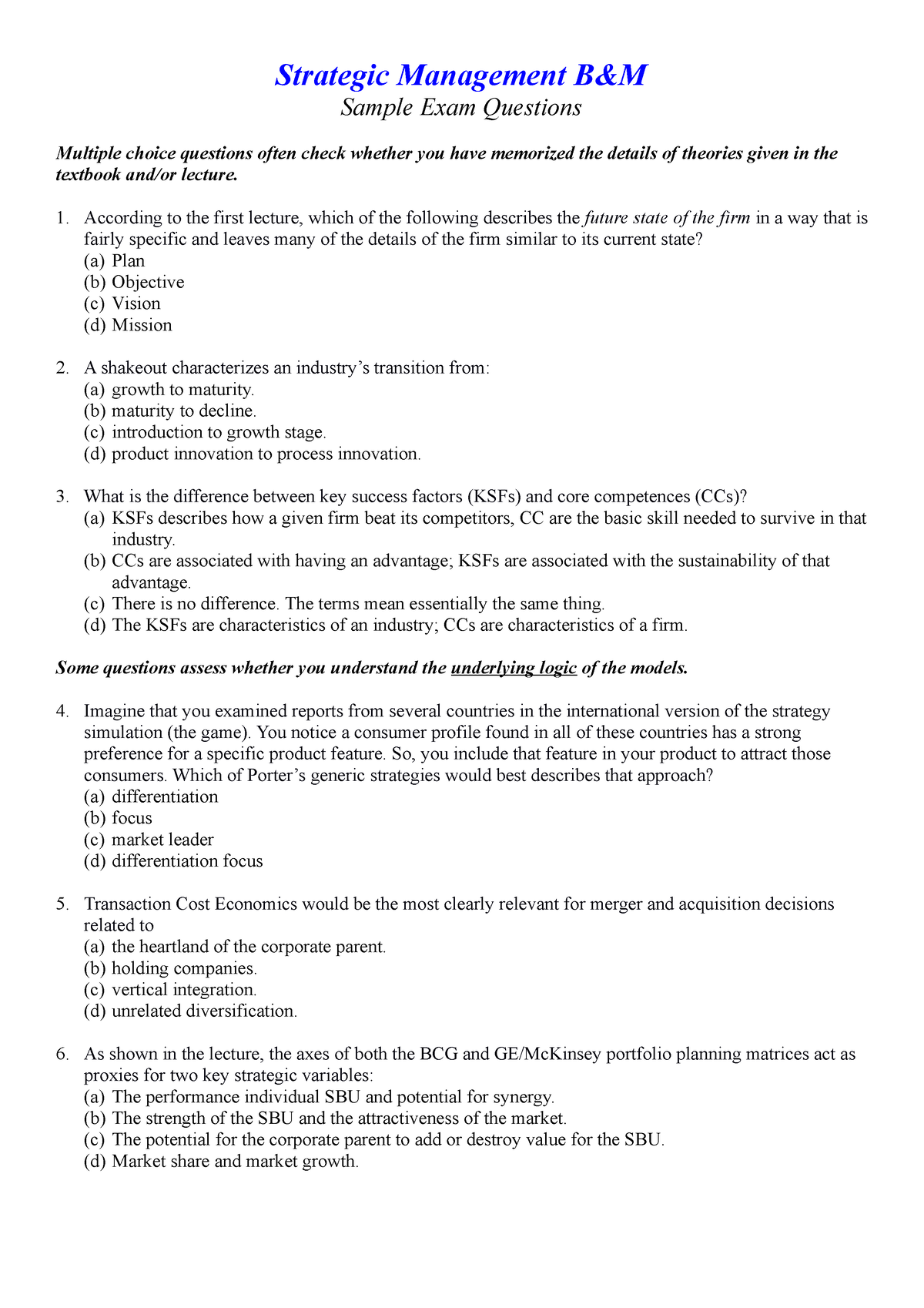 Sm Sample Exam Questions Strategic Management Bandm Sample Exam