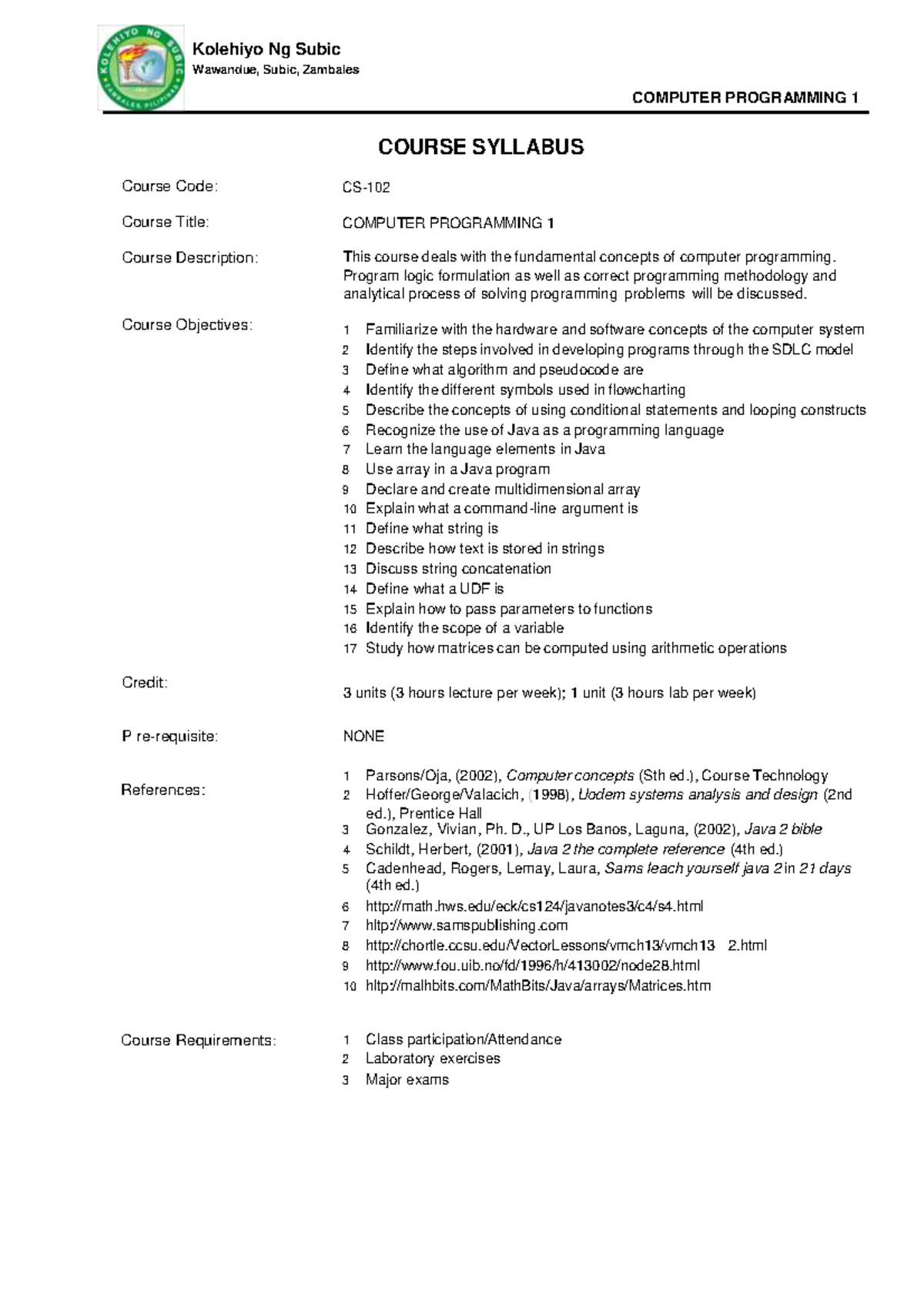 Syllabi-Com Prog 1 - Wawandue, Subic, Zambales COMPUTER PROGRAMMING 1 ...