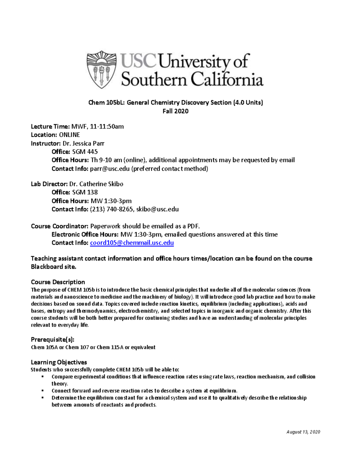 Syllabus For CHEM105B - Chem 105bL: General Chemistry Discovery Section ...