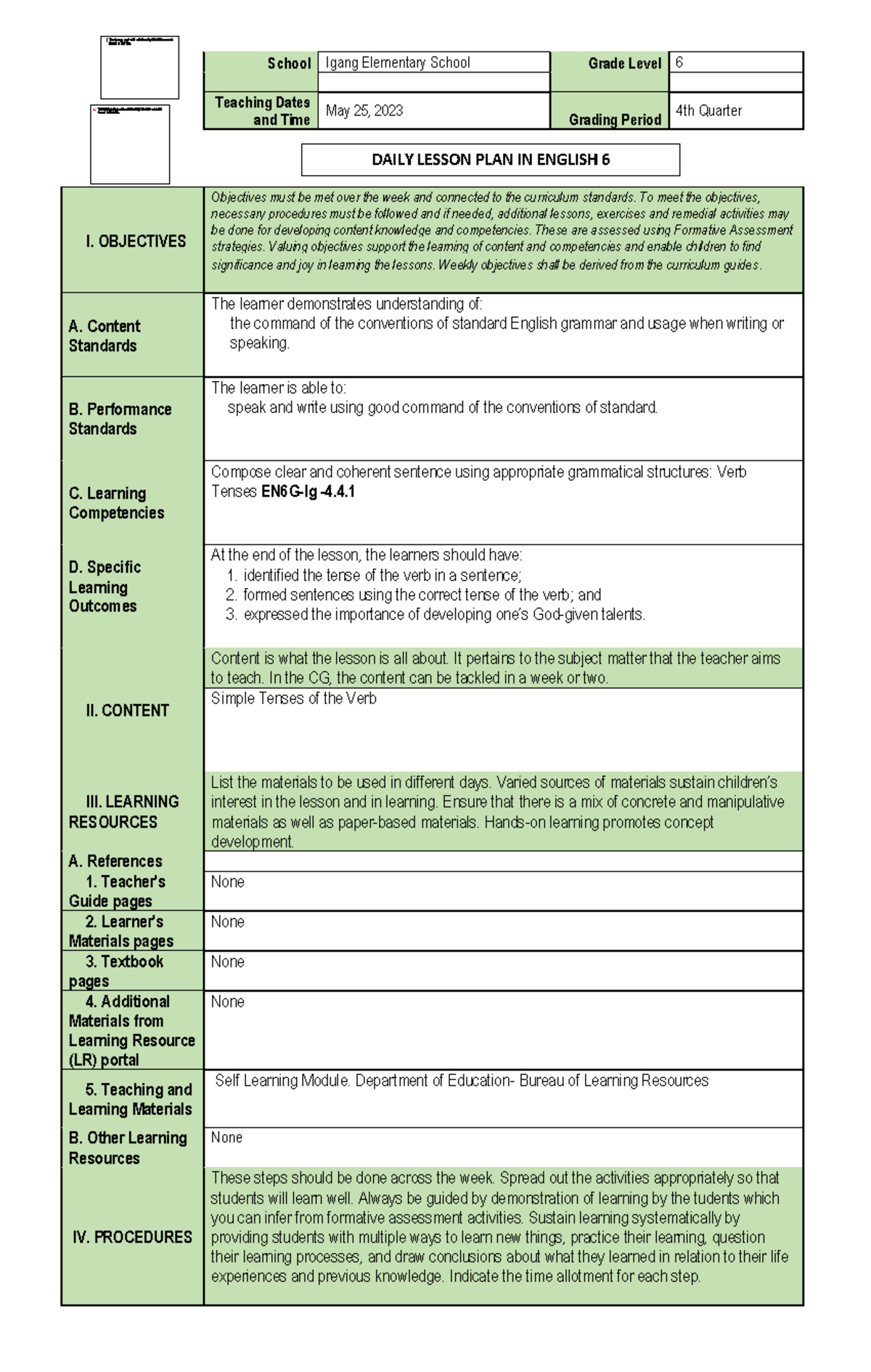 Sample LEsson Plan in English VI - School Igang Elementary School Grade ...