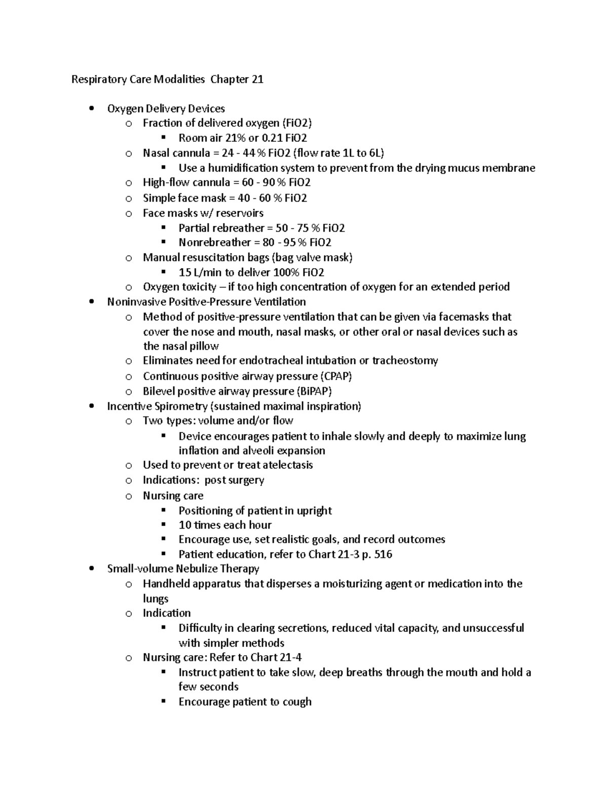 Chapter 21 and 23 MED SURG Respiratory Care Modalities Chapter 21