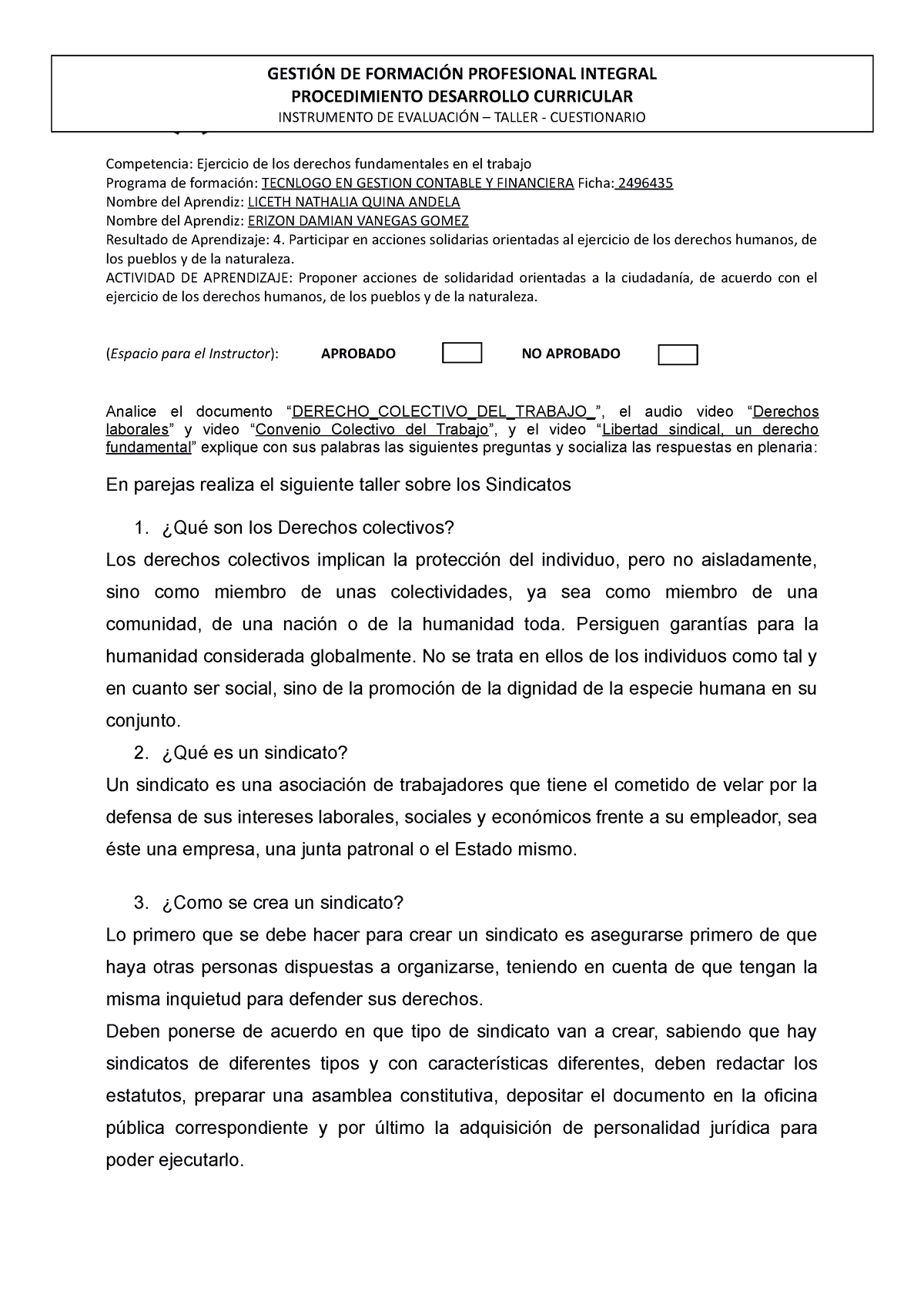 3. Cuestionario Derechos Colectivos- Sindicatos - PROCEDIMIENTO ...