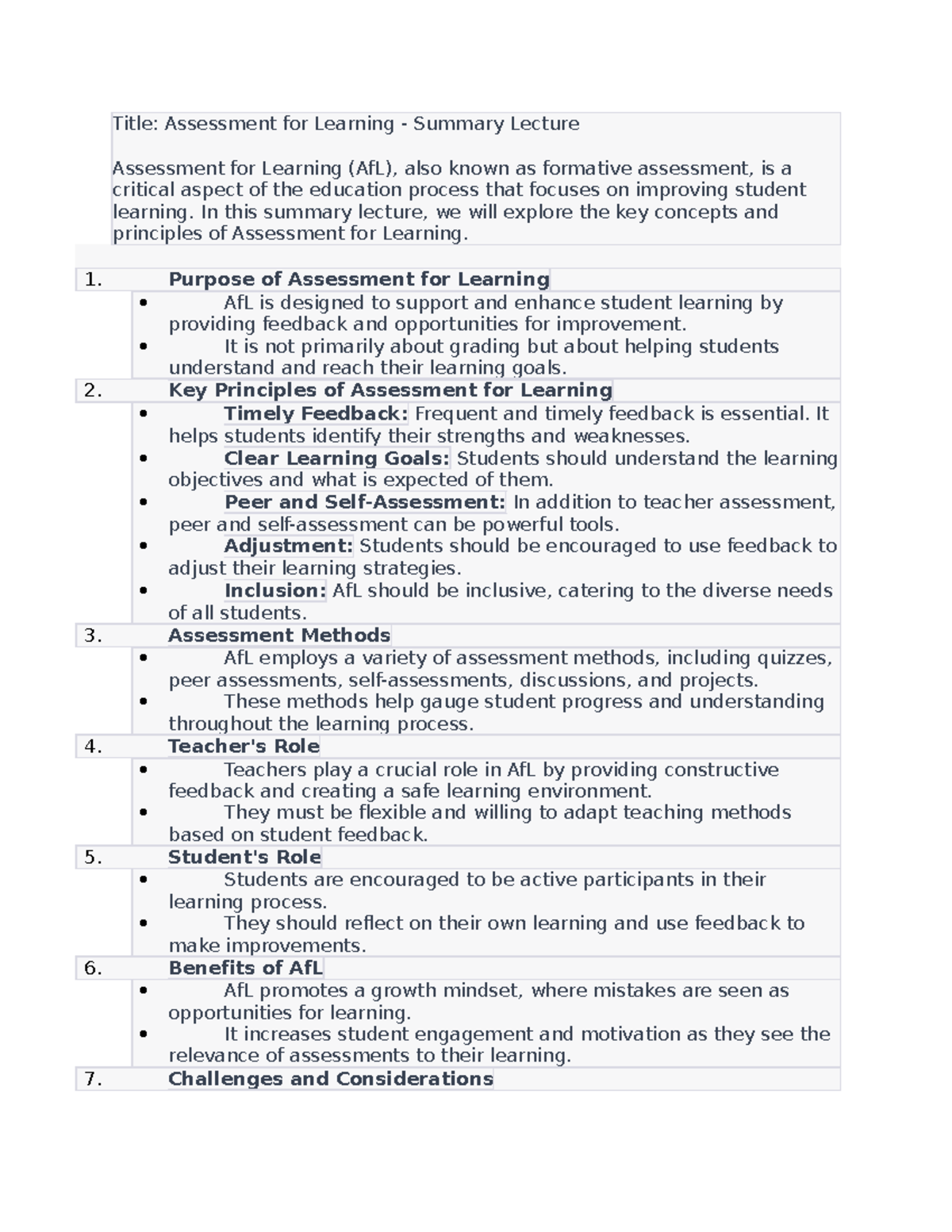 DOC 1 - Reviewer - Title: Assessment for Learning - Summary Lecture ...