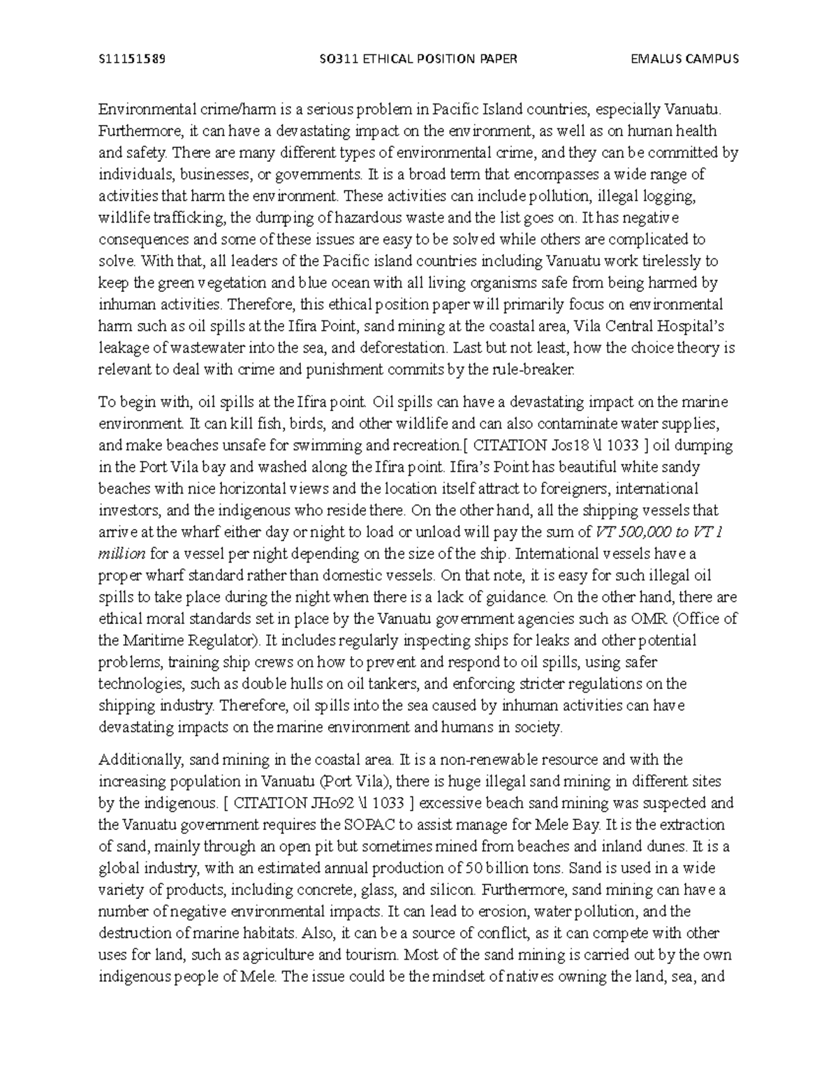 SO311 Ethical Position Paper 2023 - Environmental crime/harm is a ...