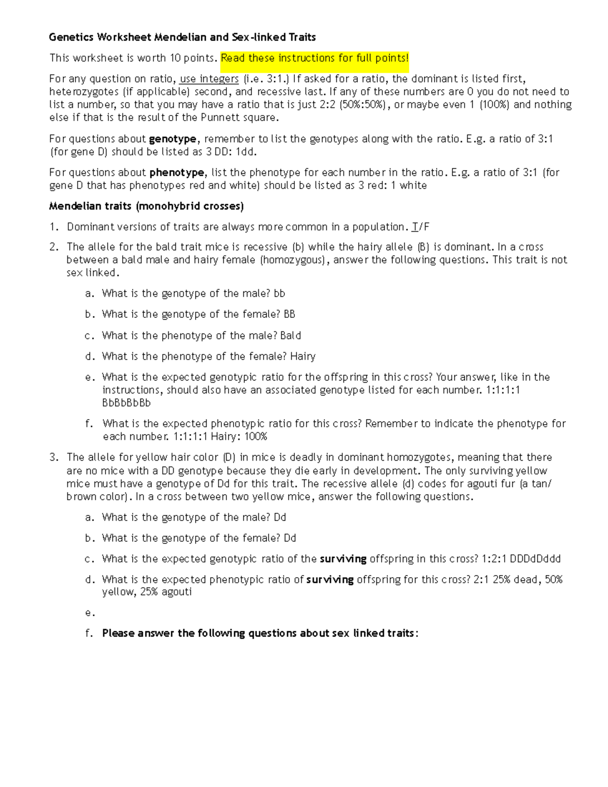 Lab Assignment 8 Genetics Worksheet Mendelian And Sex Linked Traits This Worksheet Is Worth 10 8140