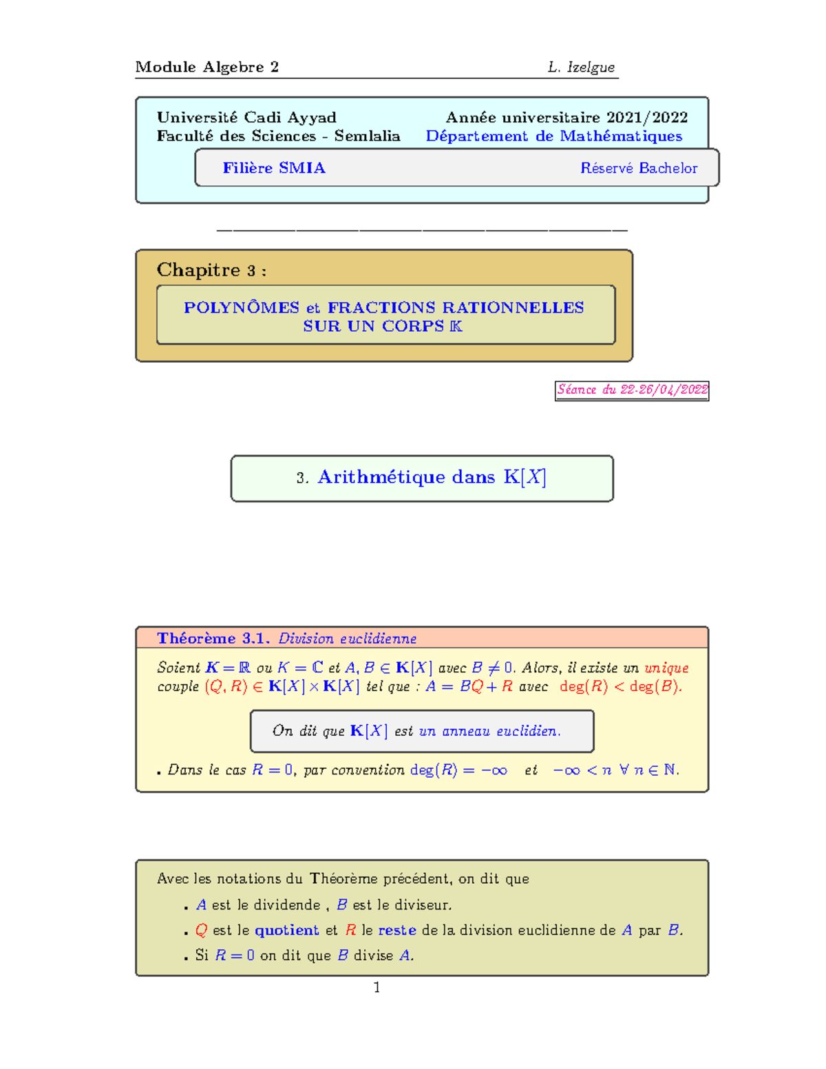 Alg2-Polynômes 3 - POLYNÔMES Et FRACTIONS RATIONNELLES SUR UN CORPS K ...