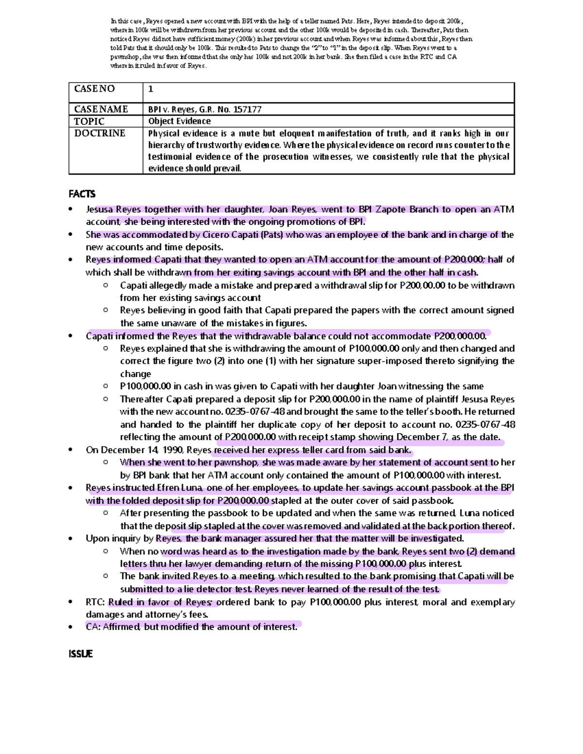 January 27 - Evidence - None - CASE NO 1 CASE NAME BPI v. Reyes, G. No ...