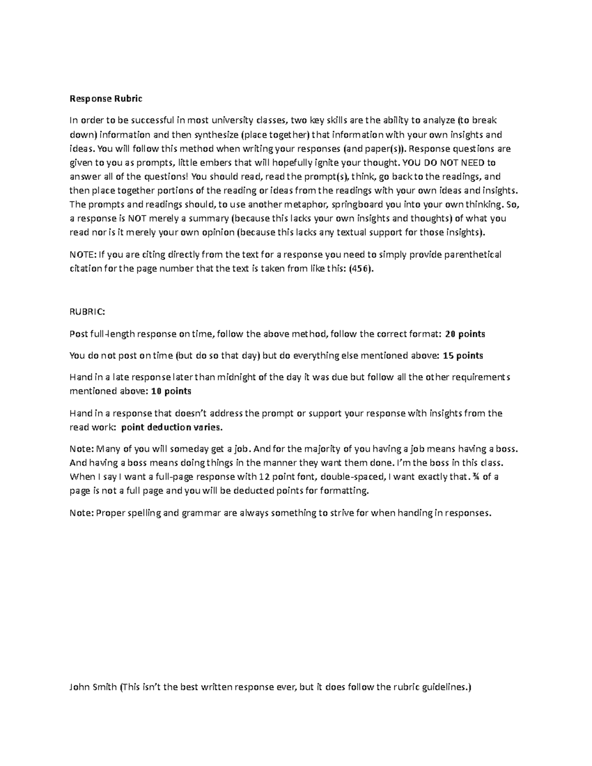 Response Rubric and Sample Response Summer 2020 - Response Rubric In ...