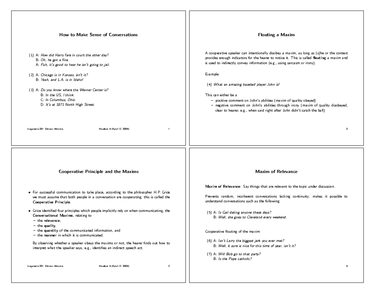 04-pragmatics-grice - Pragmatic basics - Flouting a Maxim A cooperative ...