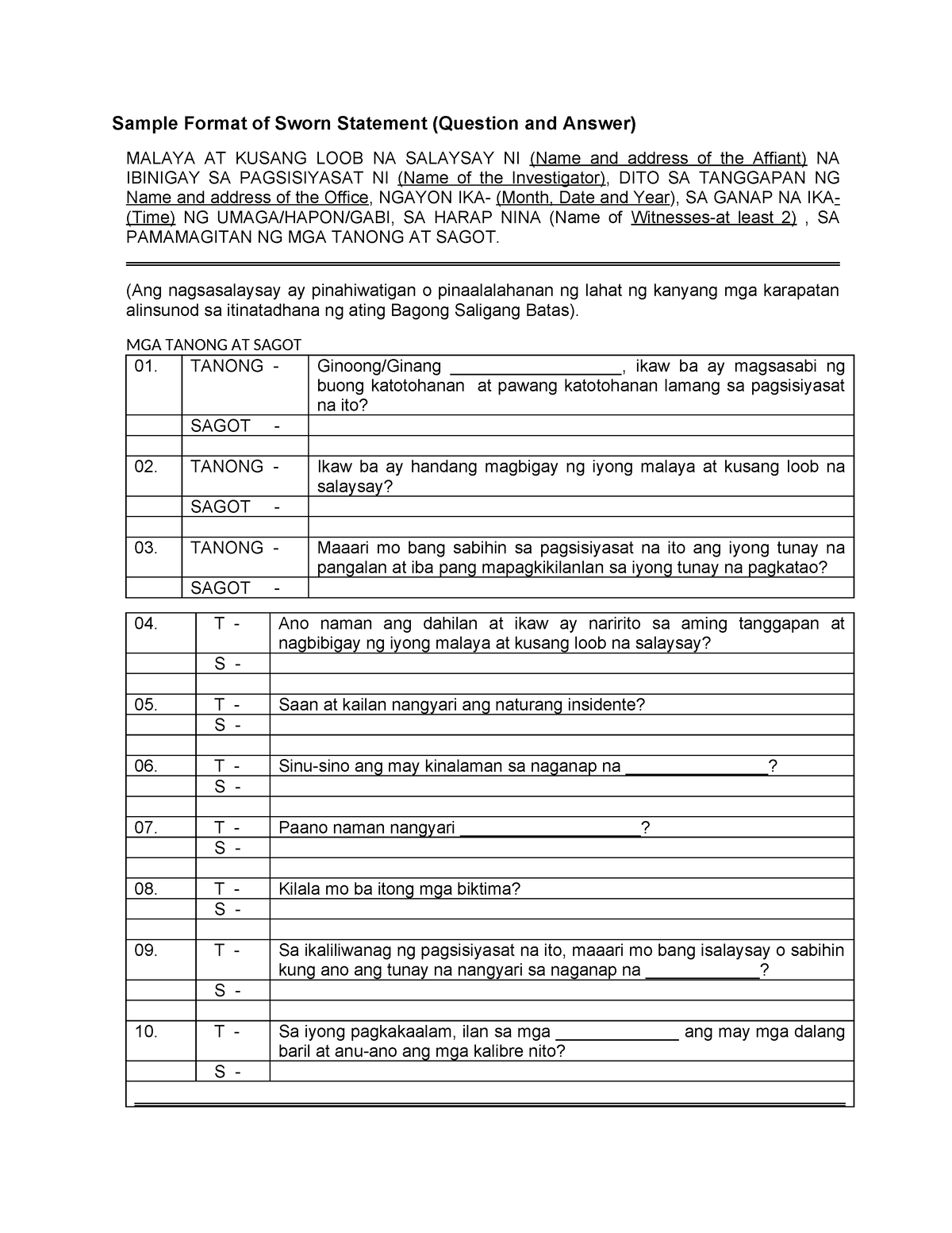 Sample Format of Sworn Statement (Question and Answer) - (Ang ...