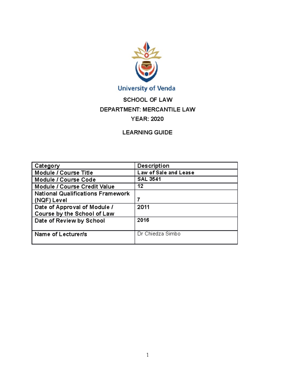 Learning Guide 2021 - SCHOOL OF LAW DEPARTMENT: MERCANTILE LAW YEAR ...