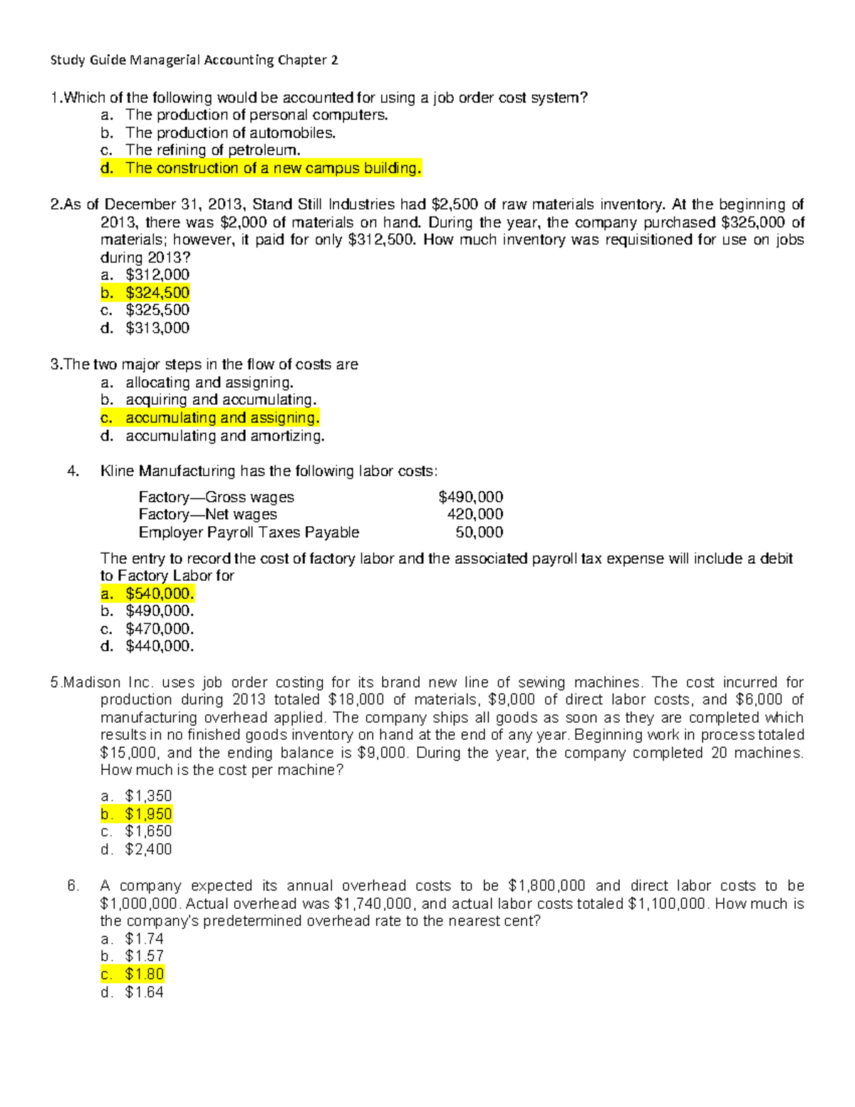 Ch. 5 - Chapter 5 job order costing study materials - Study Guide ...