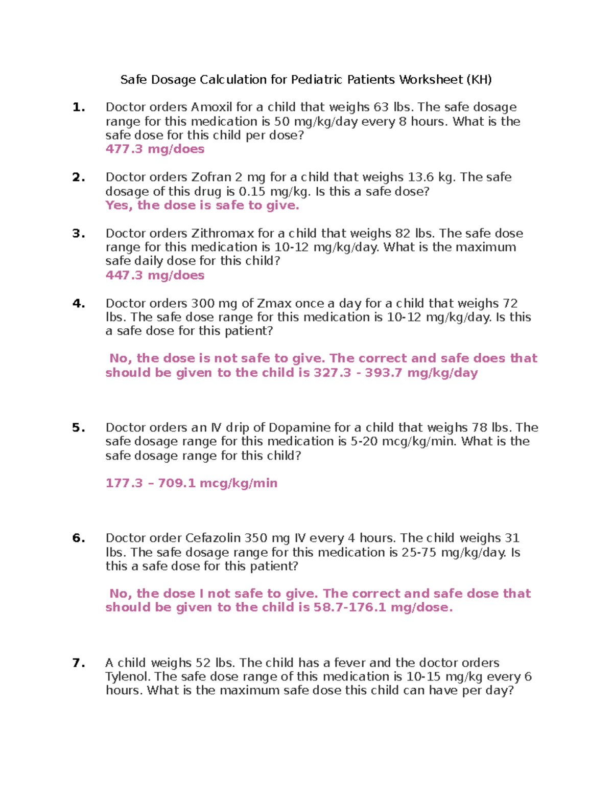 Peds math worksheet - homework - Safe Dosage Calculation for Pediatric ...