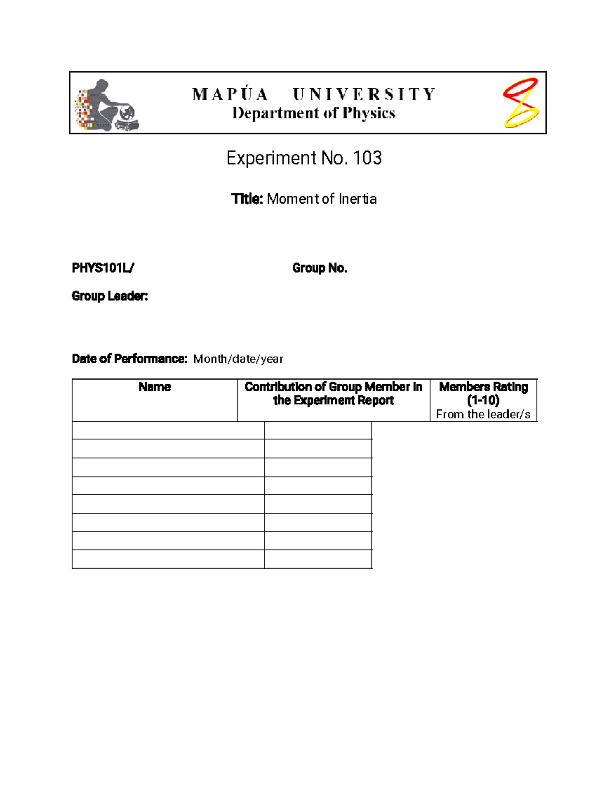 Final LAB Report E103 - Experiment No. 103 Title: Moment of Inertia ...
