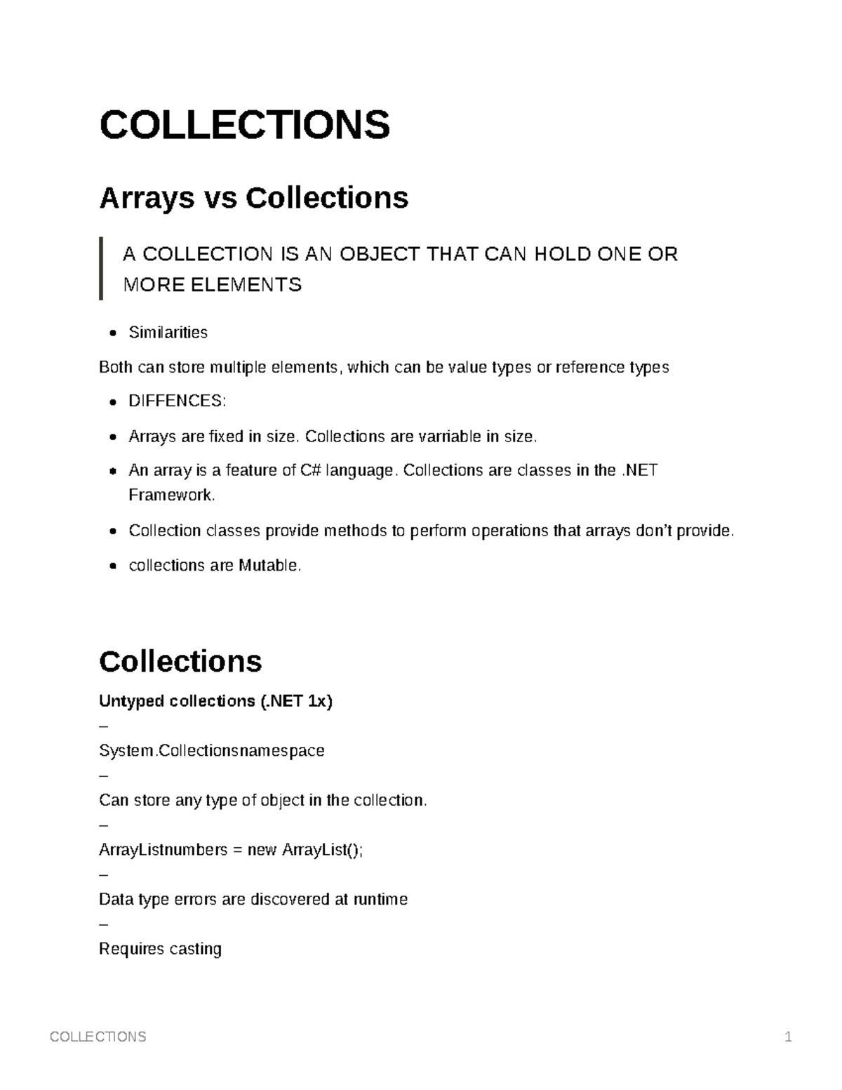 Notes about Collections - COLLECTIONS Arrays vs Collections A ...