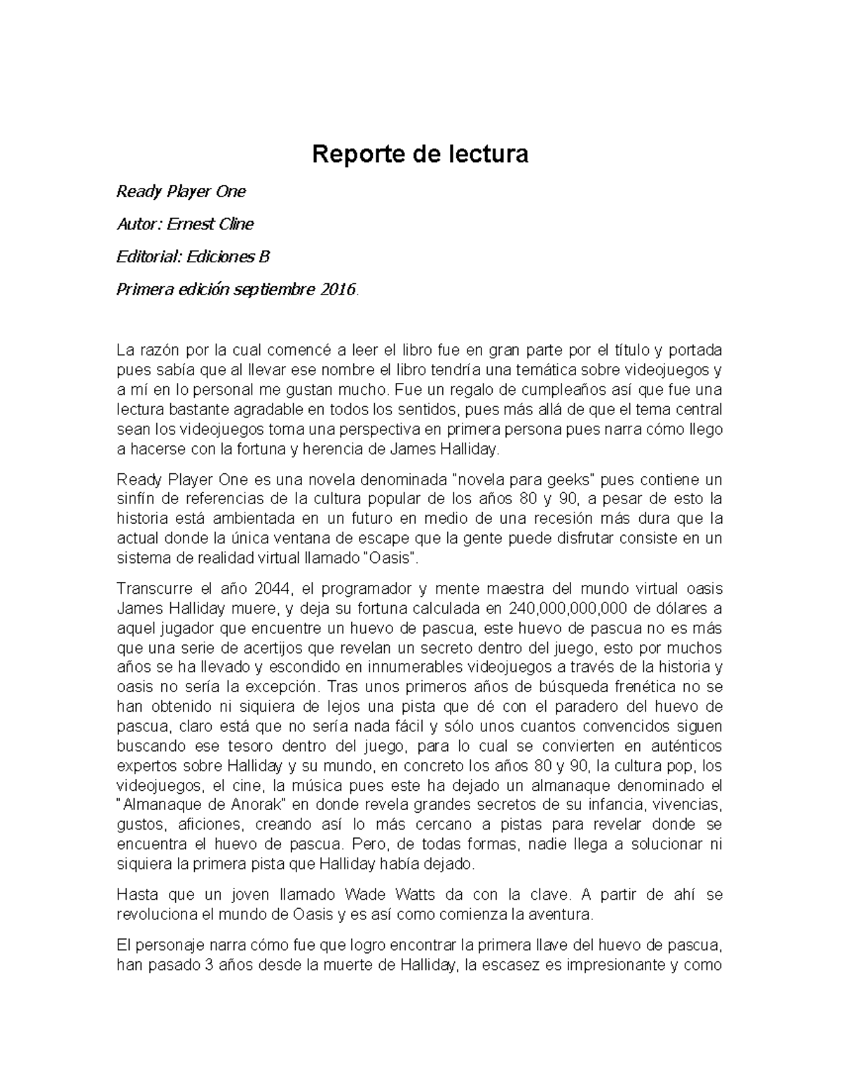 Reporte De Lectura Reporte De Lectura Ready Player One Autor Ernest Cline Editorial Ediciones B Studocu
