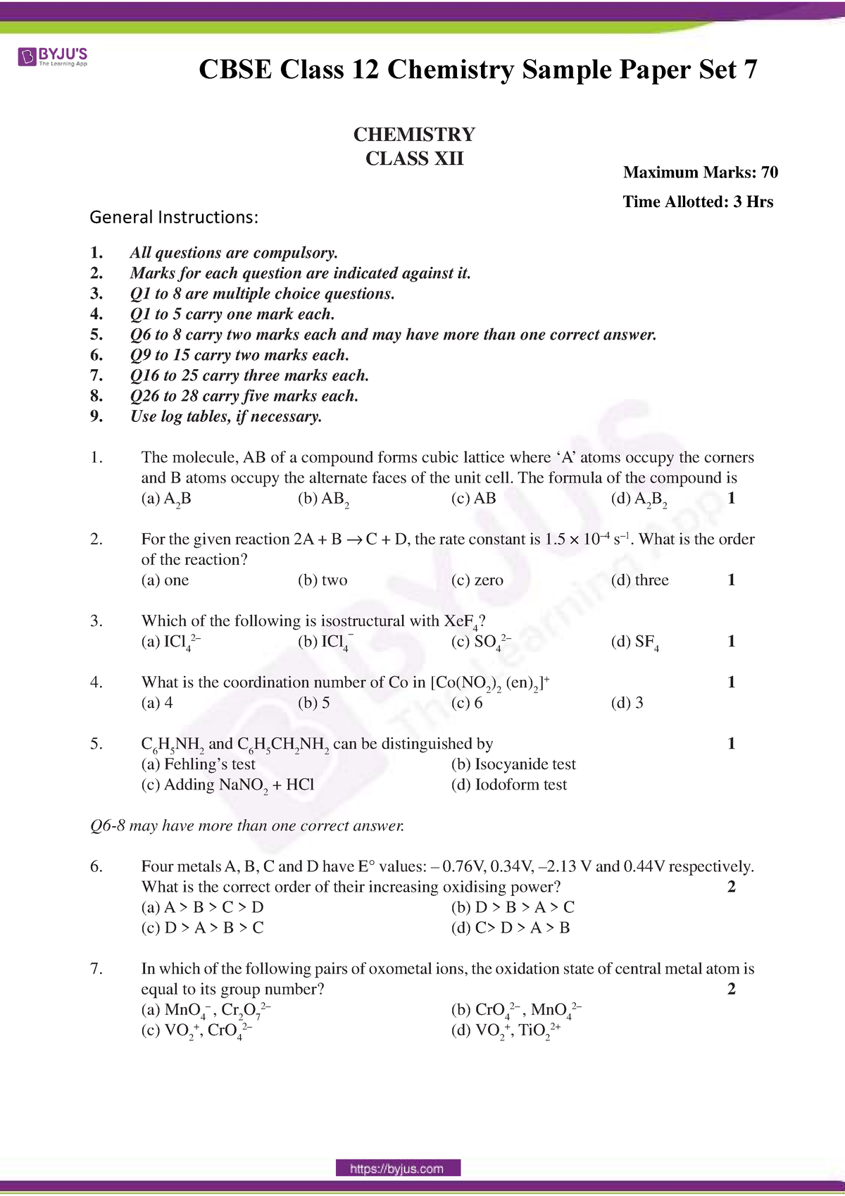 Cbse Sample Paper Class Chemistry Set Chemistry Class Xii All