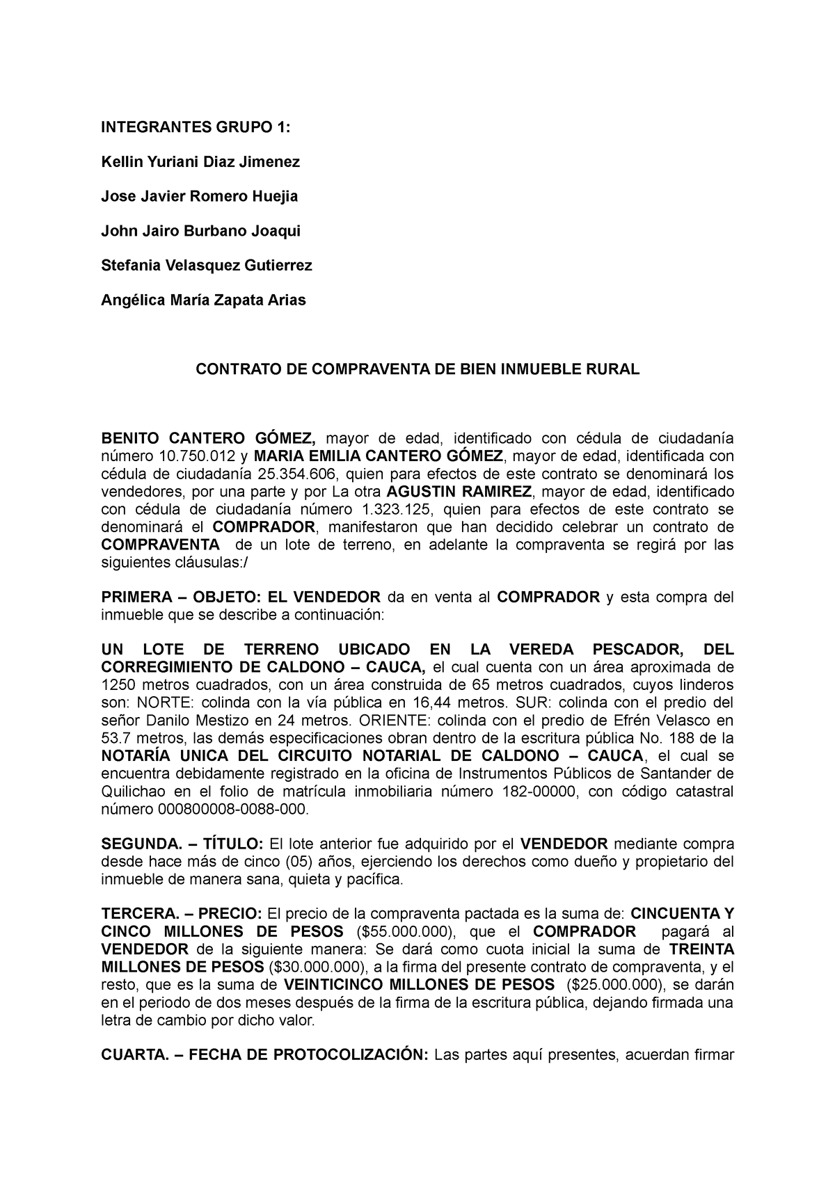 Contrato DE Compraventa DE BIEN Inmueble Rural - INTEGRANTES GRUPO 1:  Kellin Yuriani Diaz Jimenez - Studocu