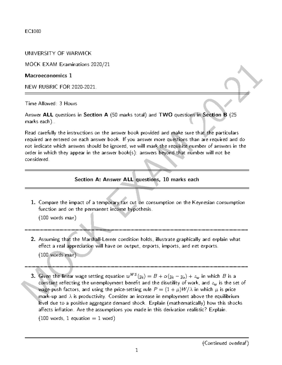 Mock Exam past exam preparation MOCK EXAM 20 UNIVERSITY OF WARWICK