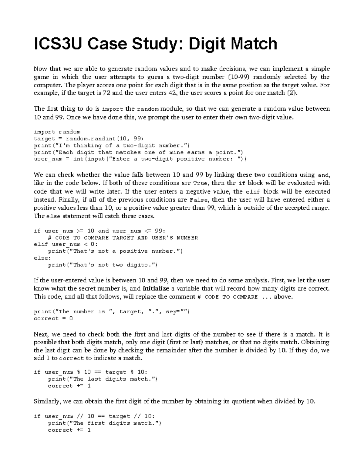 ICS3U case study digits - ICS3U Case Study: Digit Match Now that we are ...
