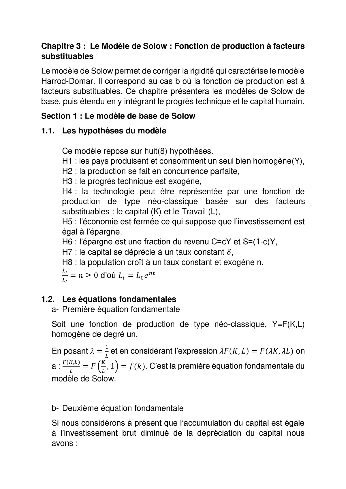 Chapitre 3 Le Modele De Solow Croissance Eco Chapitre 3 Le Modèle De Solow Fonction De 