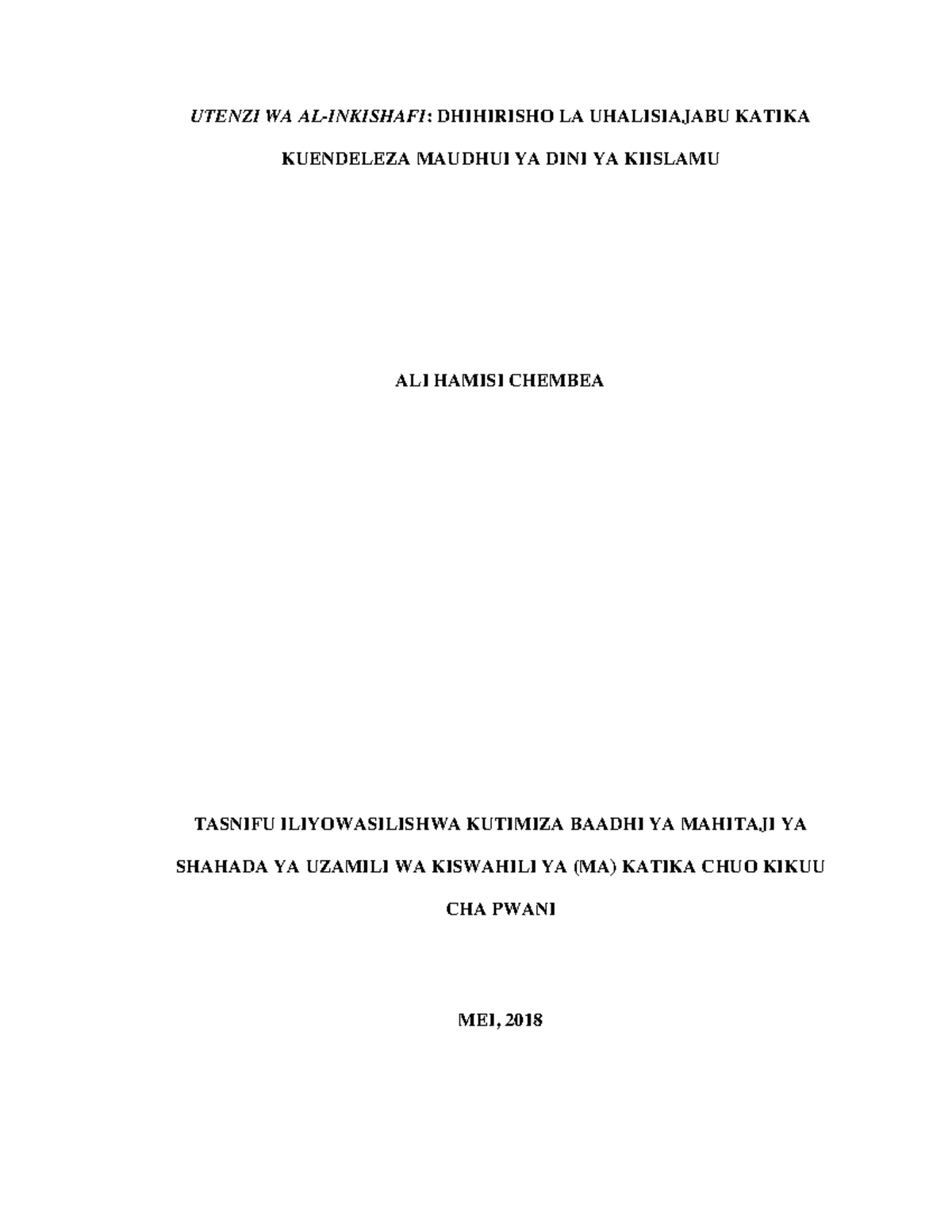 Ali Hamisi Chembea - Kiswahili - UTENZI WA AL-INKISHAFI: DHIHIRISHO LA ...