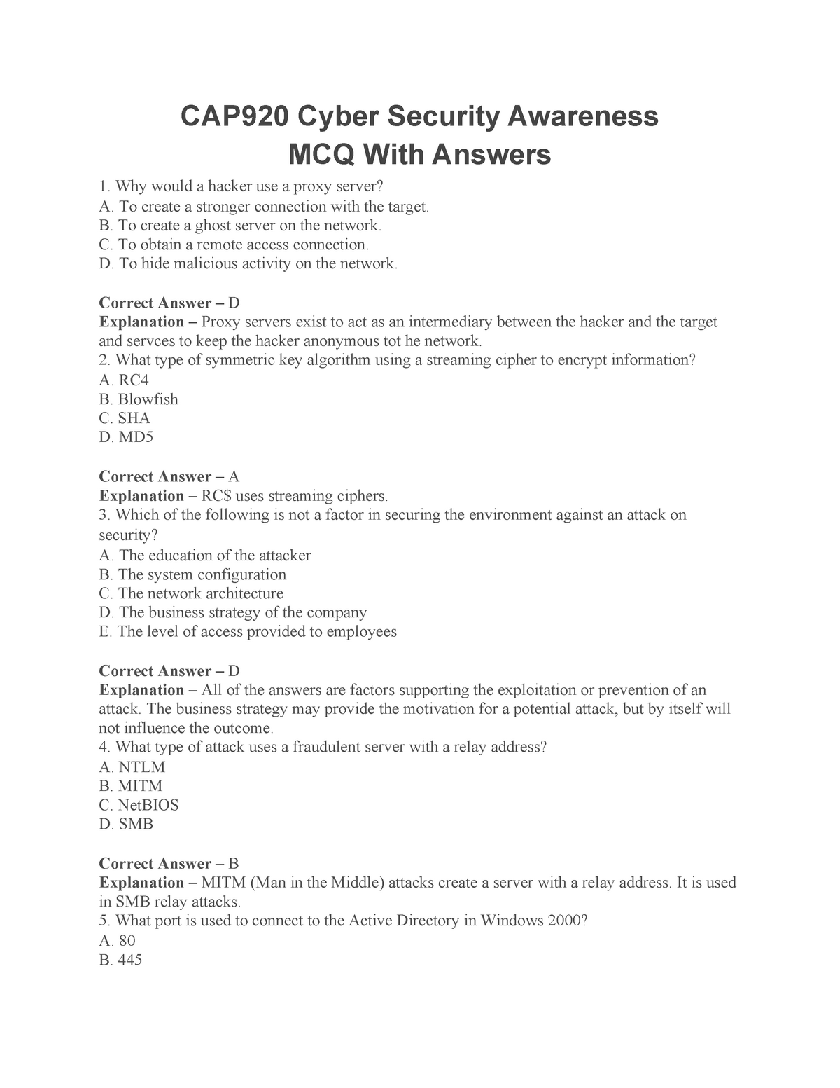 MCQ Questions on Cyber Security CAP920 Cyber Security Awareness MCQ