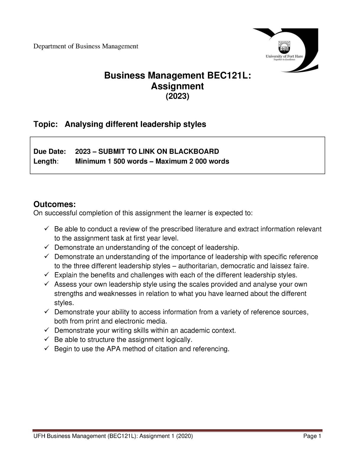 BEC121L semester assignment - Department of Business Management ...