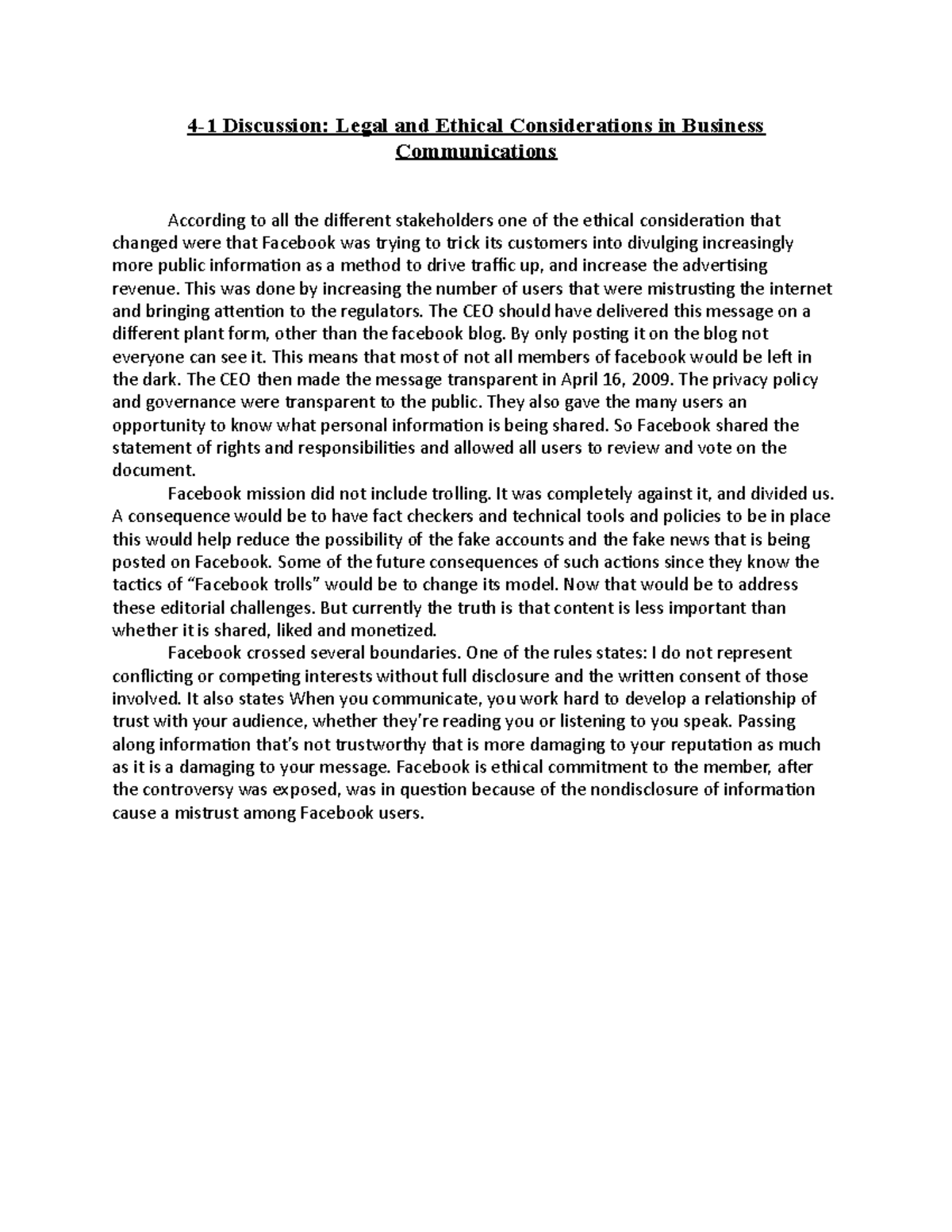 Week Eight Discussion 41 Discussion Legal and Ethical