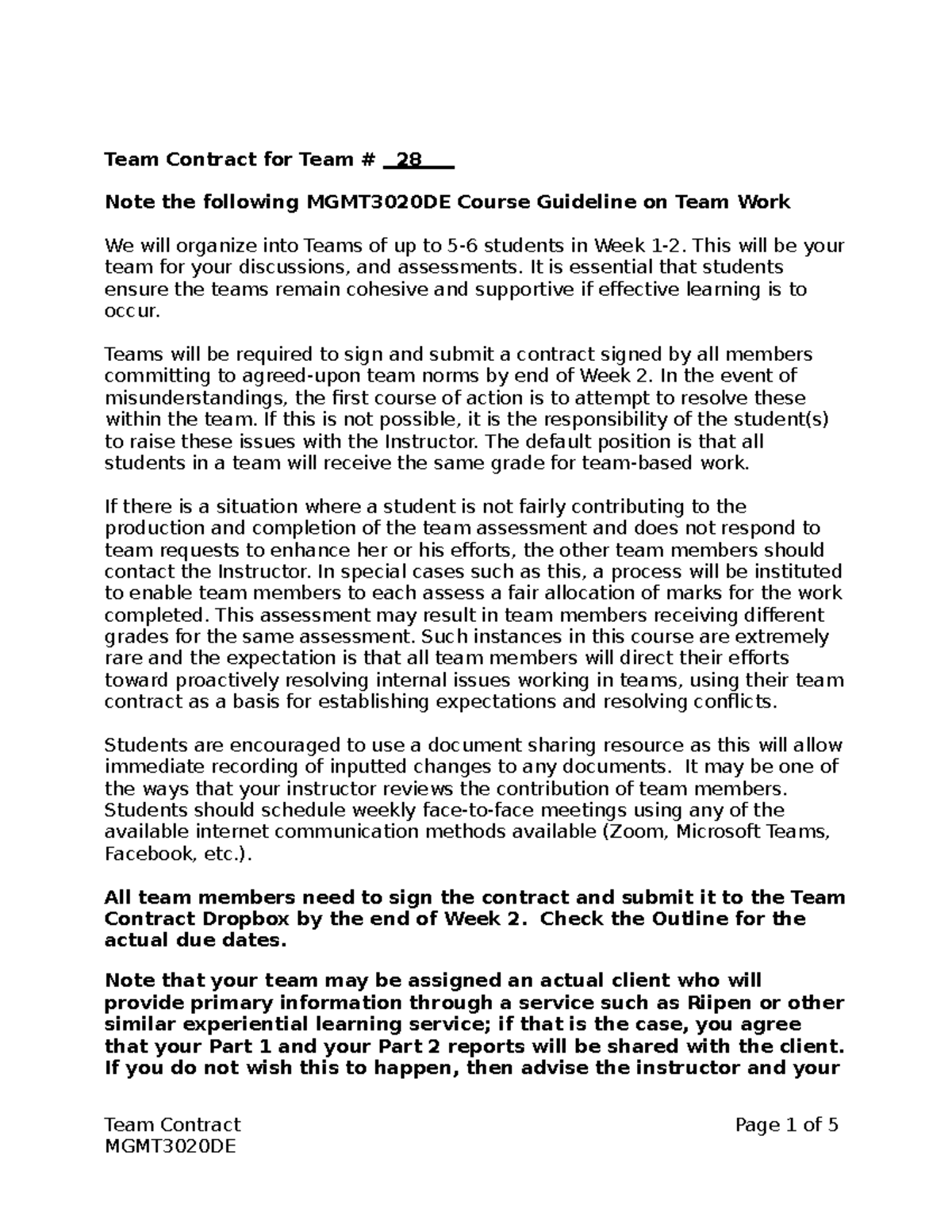 Group Contract-DE (1) - Team Contract for Team # 28 Note the following ...