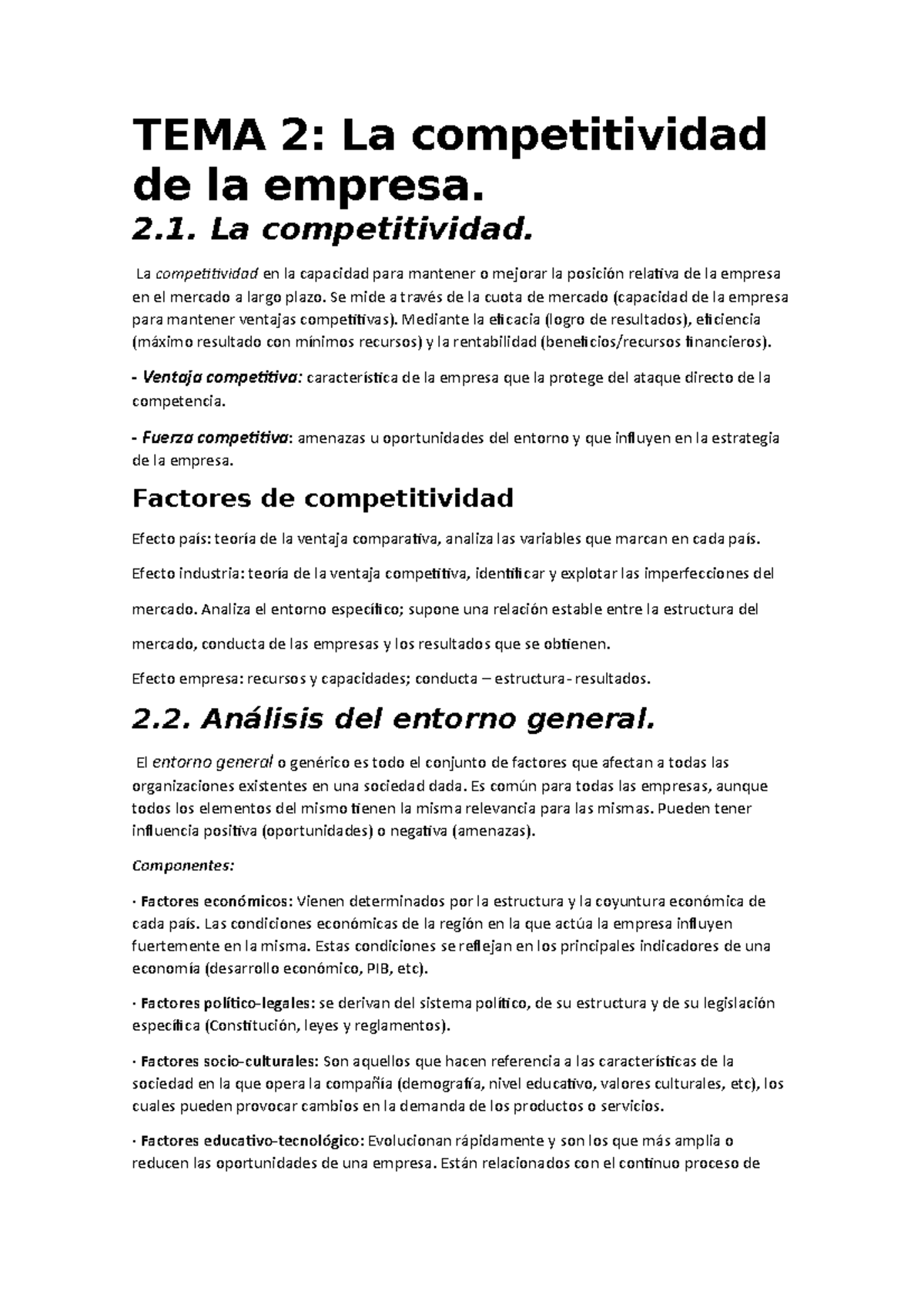 TEMA 2 - Resumen tema 2 - TEMA 2: La competitividad de la empresa. 2 ...