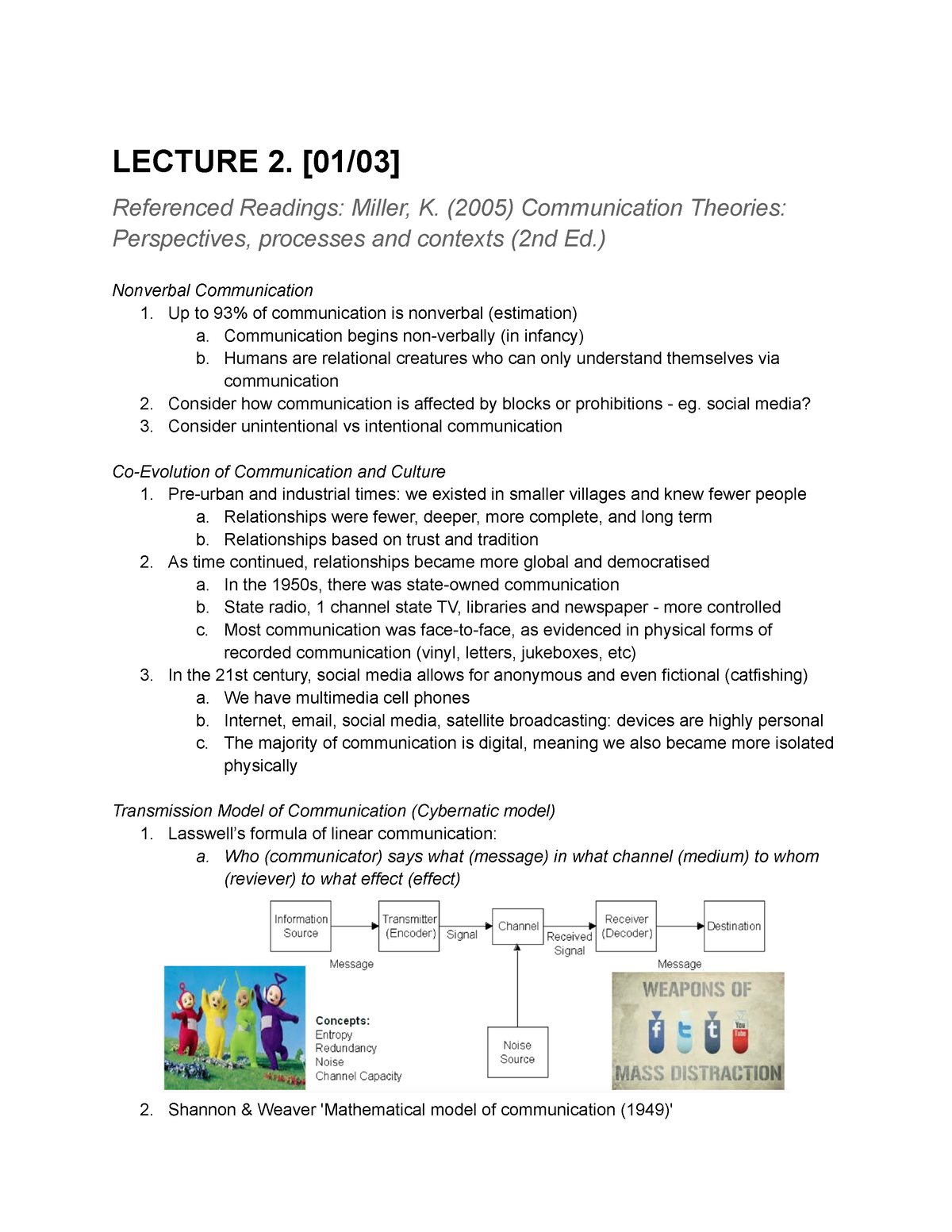 Mfco Lec 2 Models Of Communication Lecture 2 0103 Referenced Readings Miller K 2005