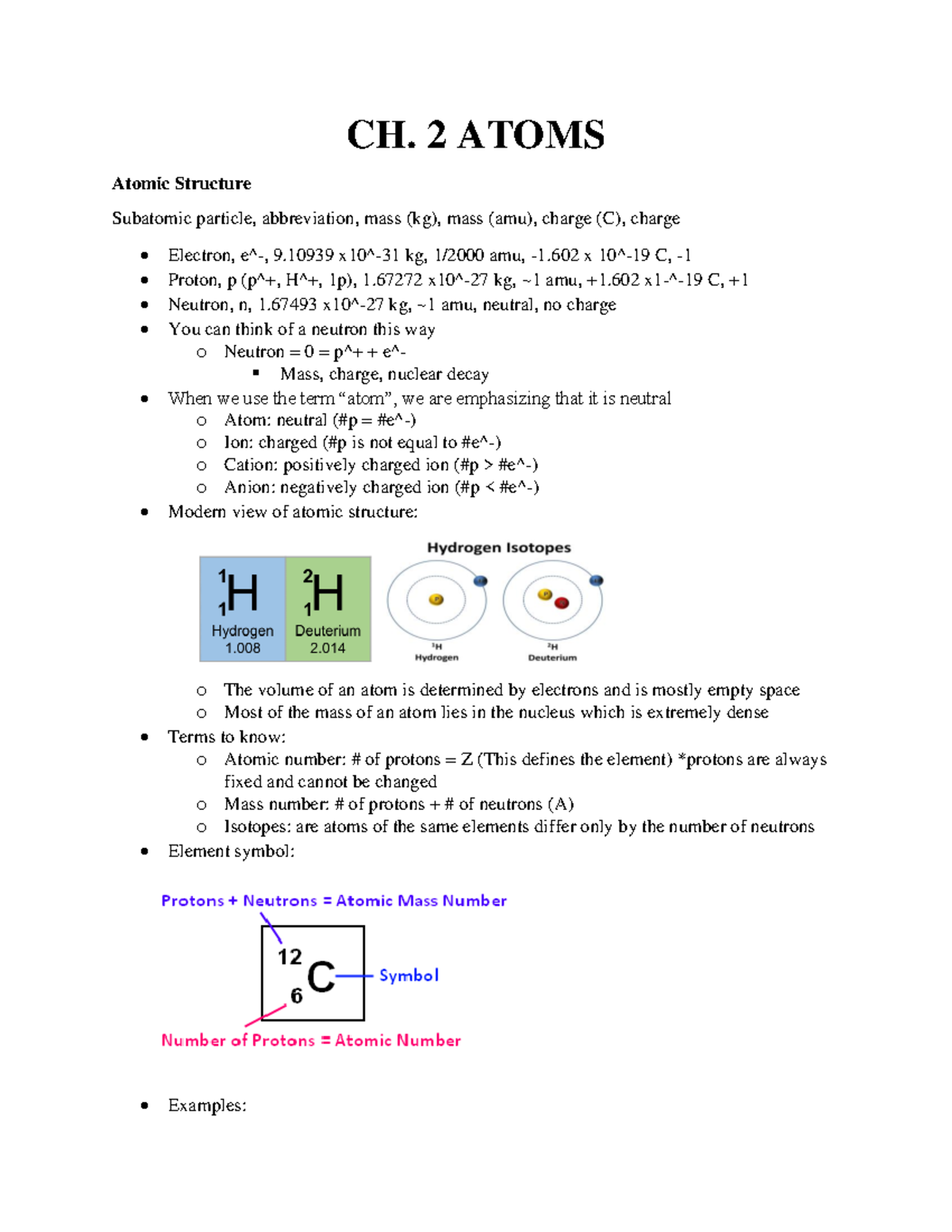 CHEM 1411 CH.2 notes - CH. 2 ATOMS Atomic Structure Subatomic particle ...