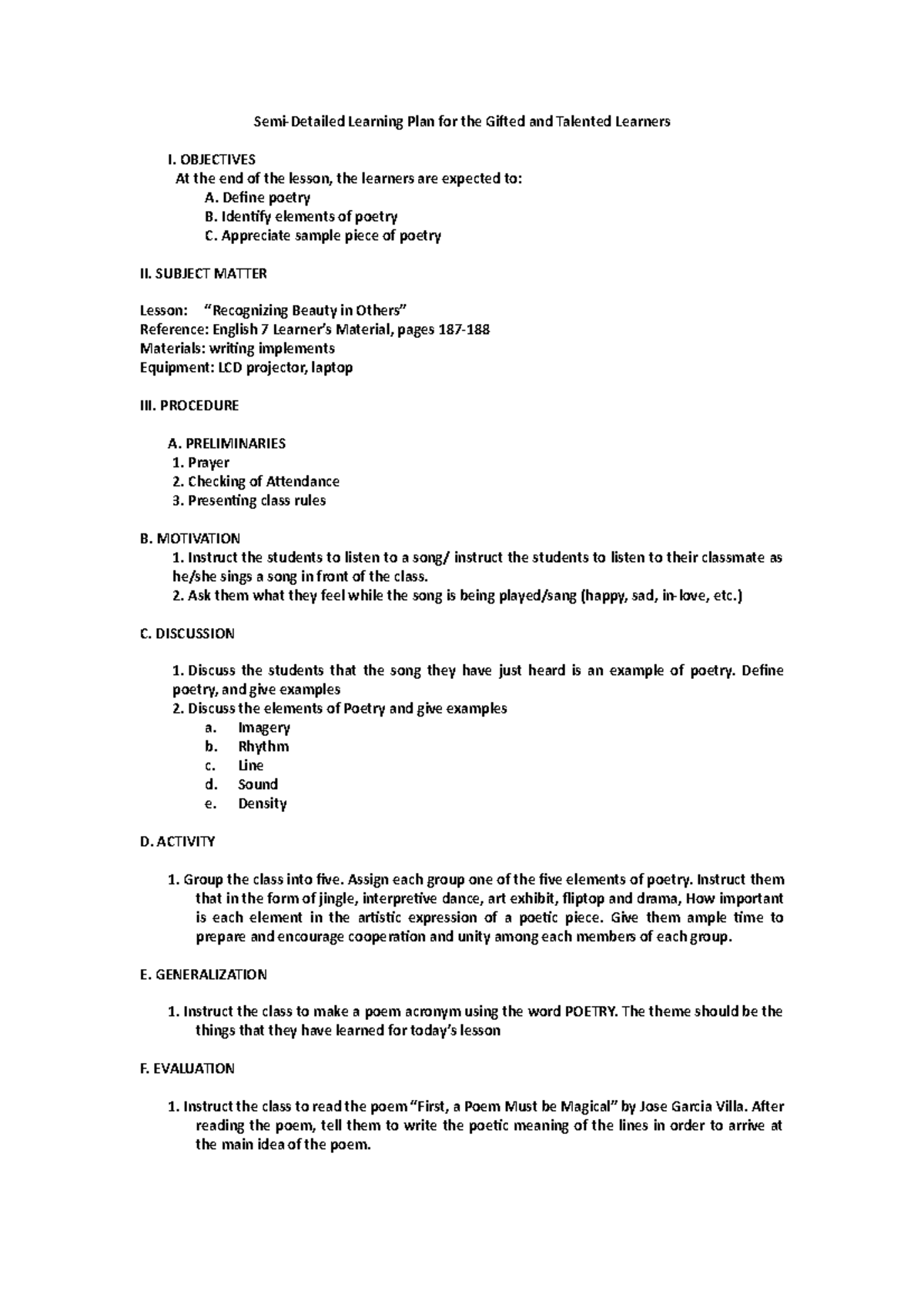 Sample Lesson Plan For The Gifted Learners Semi Detailed Learning 