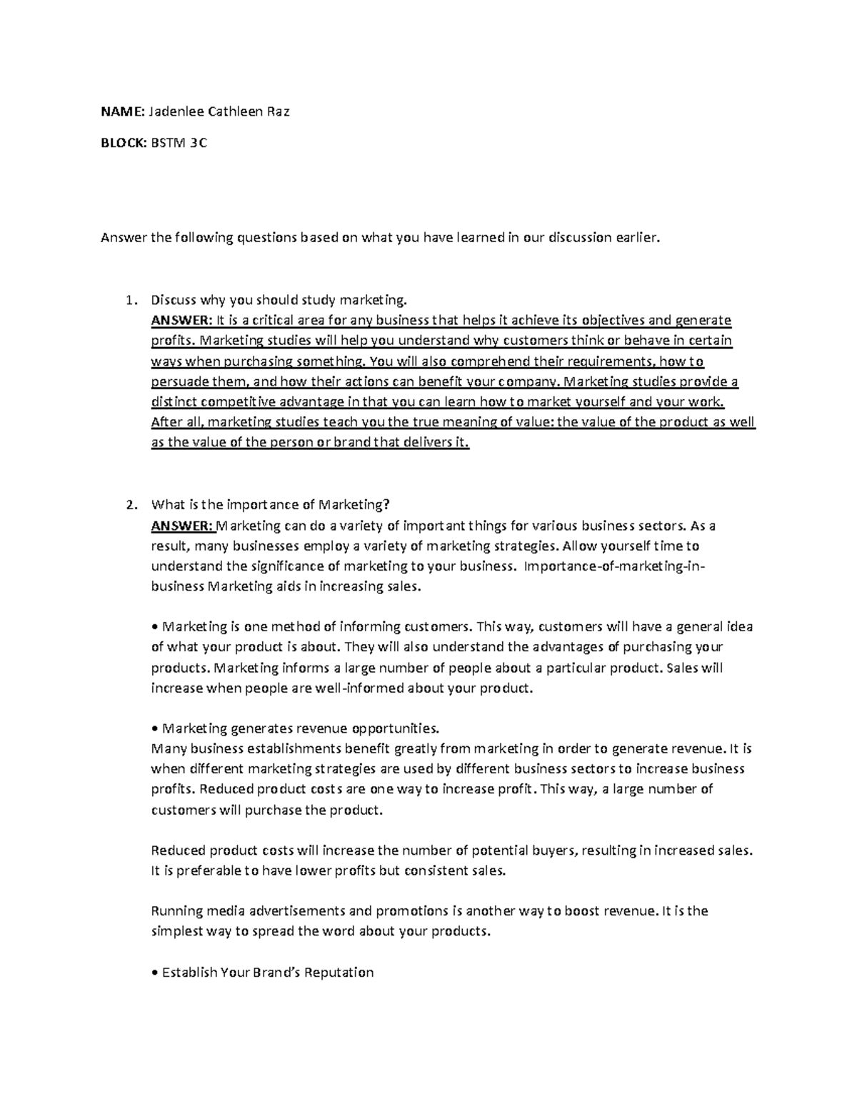 Raz - Assignment - NAME: Jadenlee Cathleen Raz BLOCK: BSTM 3C Answer ...