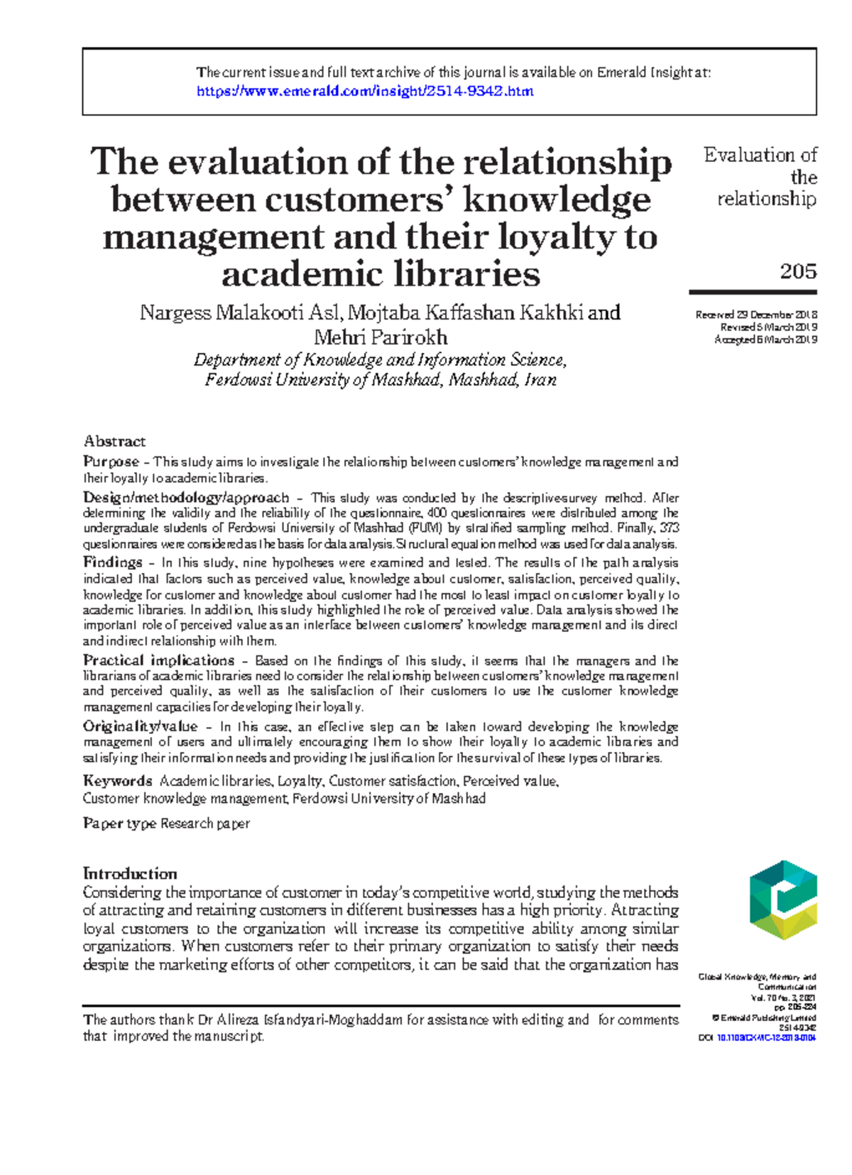 Article 1 Customer Knowledge - The evaluation of the relationship ...