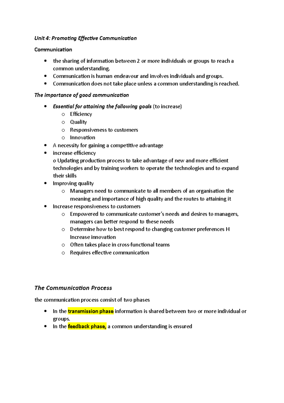 Unit 4 - summary - Unit 4: Promoting Effective Communication ...