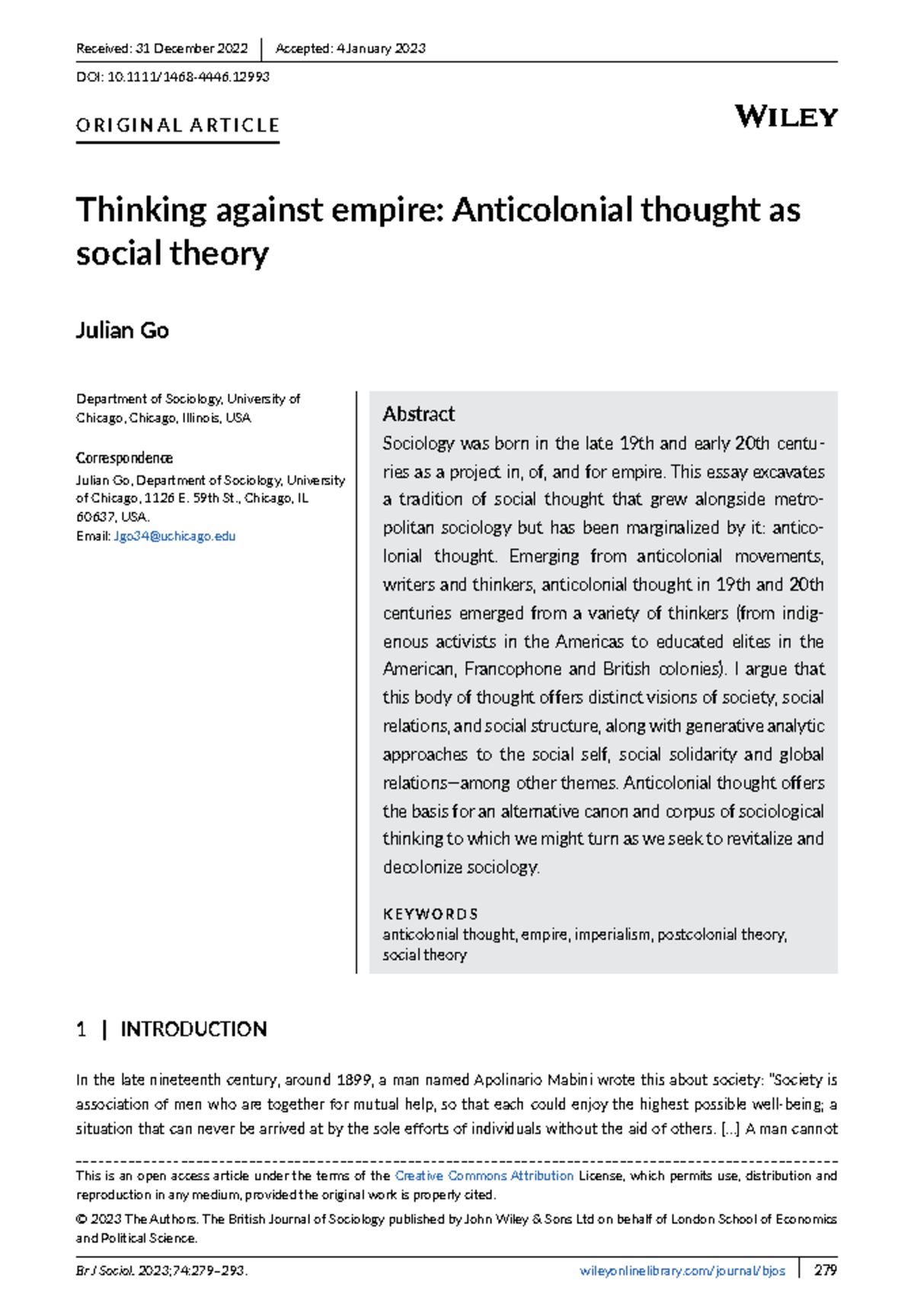 British journal of sociology 2023 go thinking against empire