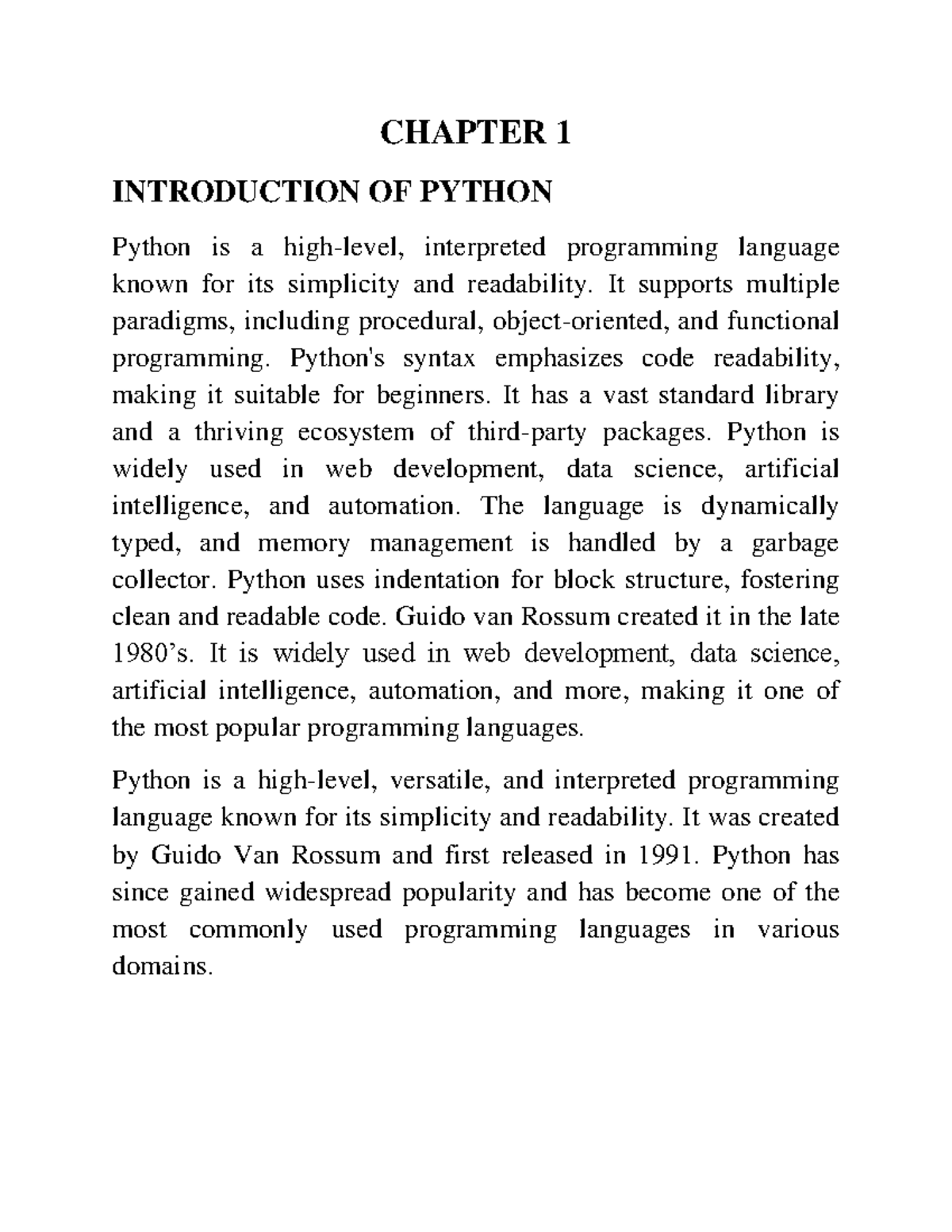 Python Short notes - CHAPTER 1 INTRODUCTION OF PYTHON Python is a high ...