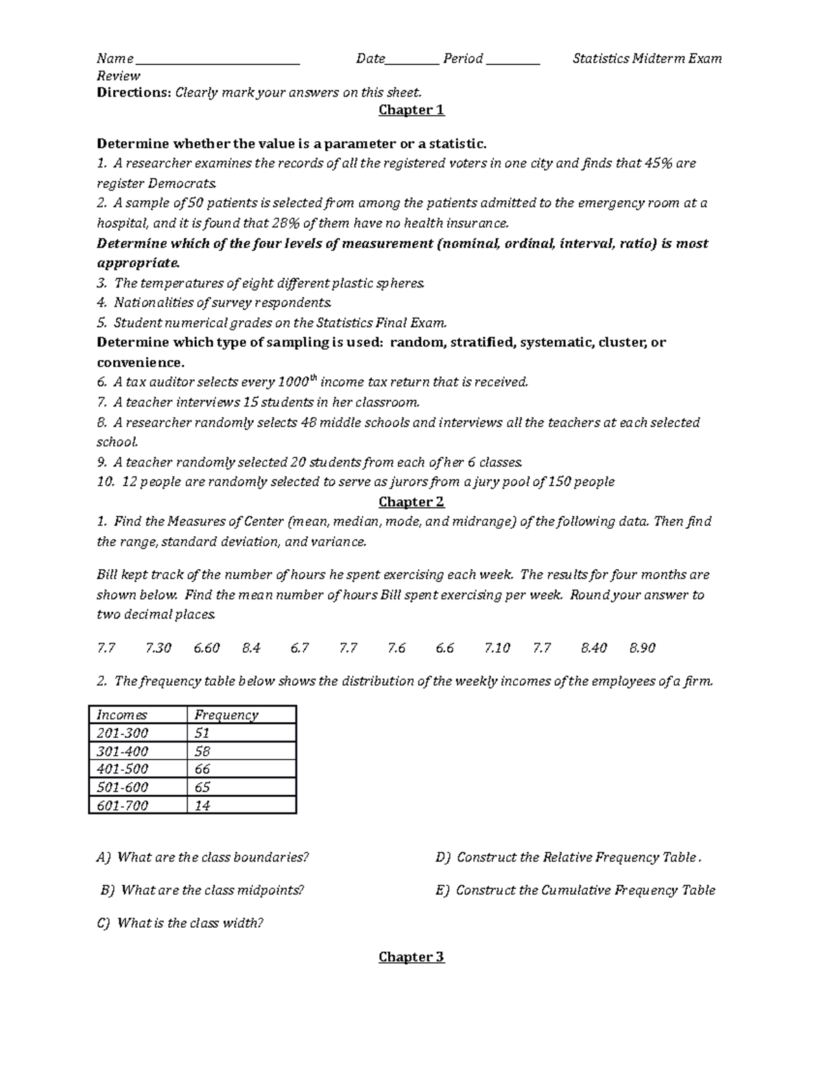 Statistics midterm Exam Review 2020 2021 - Name ...