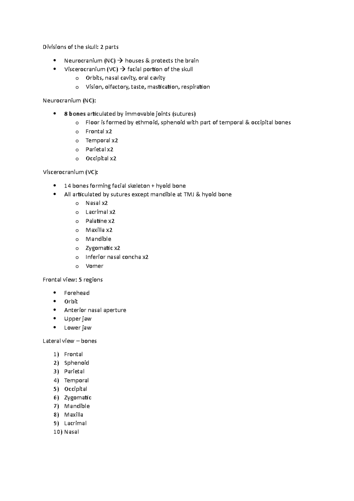 5 Bones of the skull - Lecture notes 5 - Divisions of the skull: 2 ...