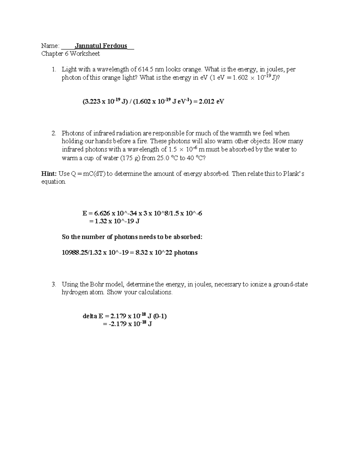 Recitation # 6 - Name: __Jannatul Ferdous Chapter 6 Worksheet Light ...