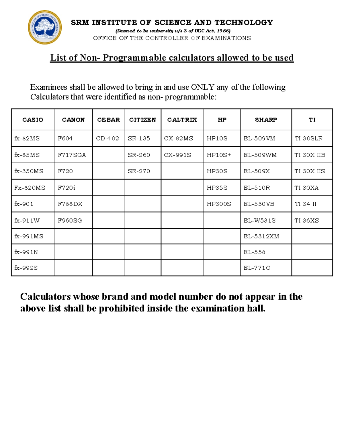 List of calculators learn lead SRM INSTITUTE OF SCIENCE AND