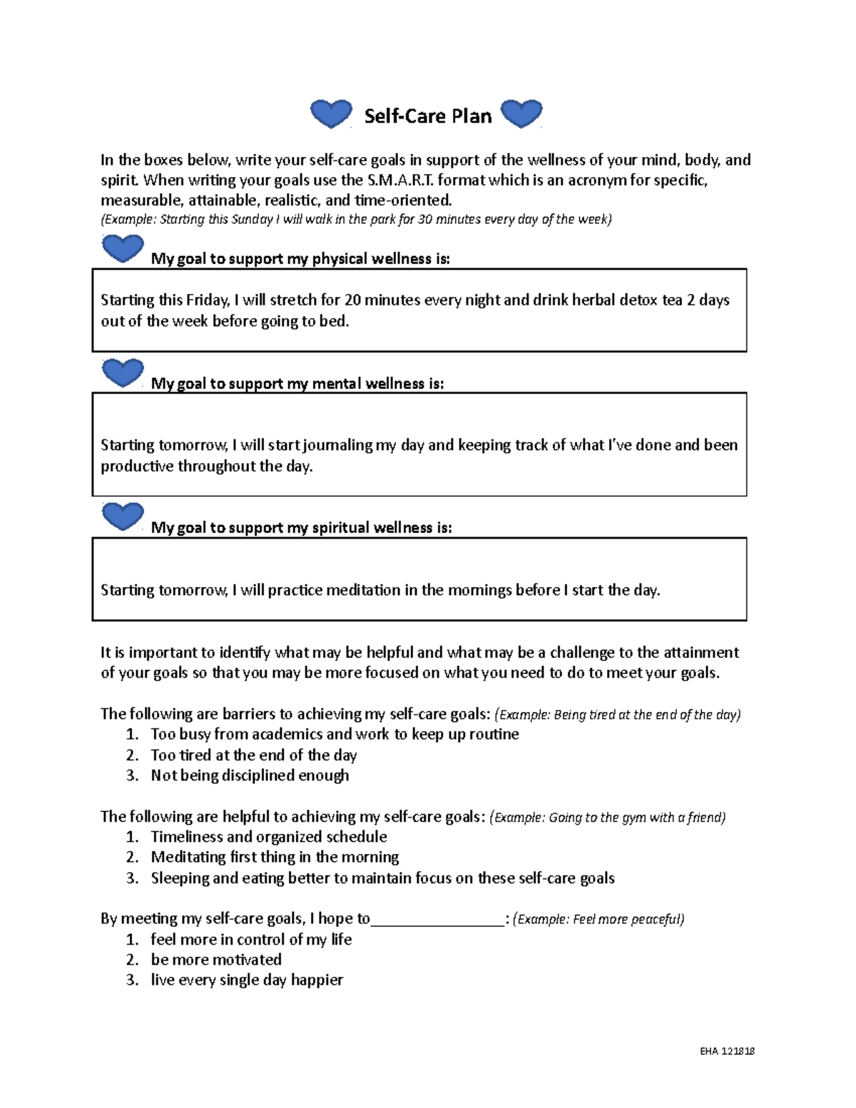 Self-Care Plan - USFCA Nursing Fall Semester 2020 Professor Kwong ...