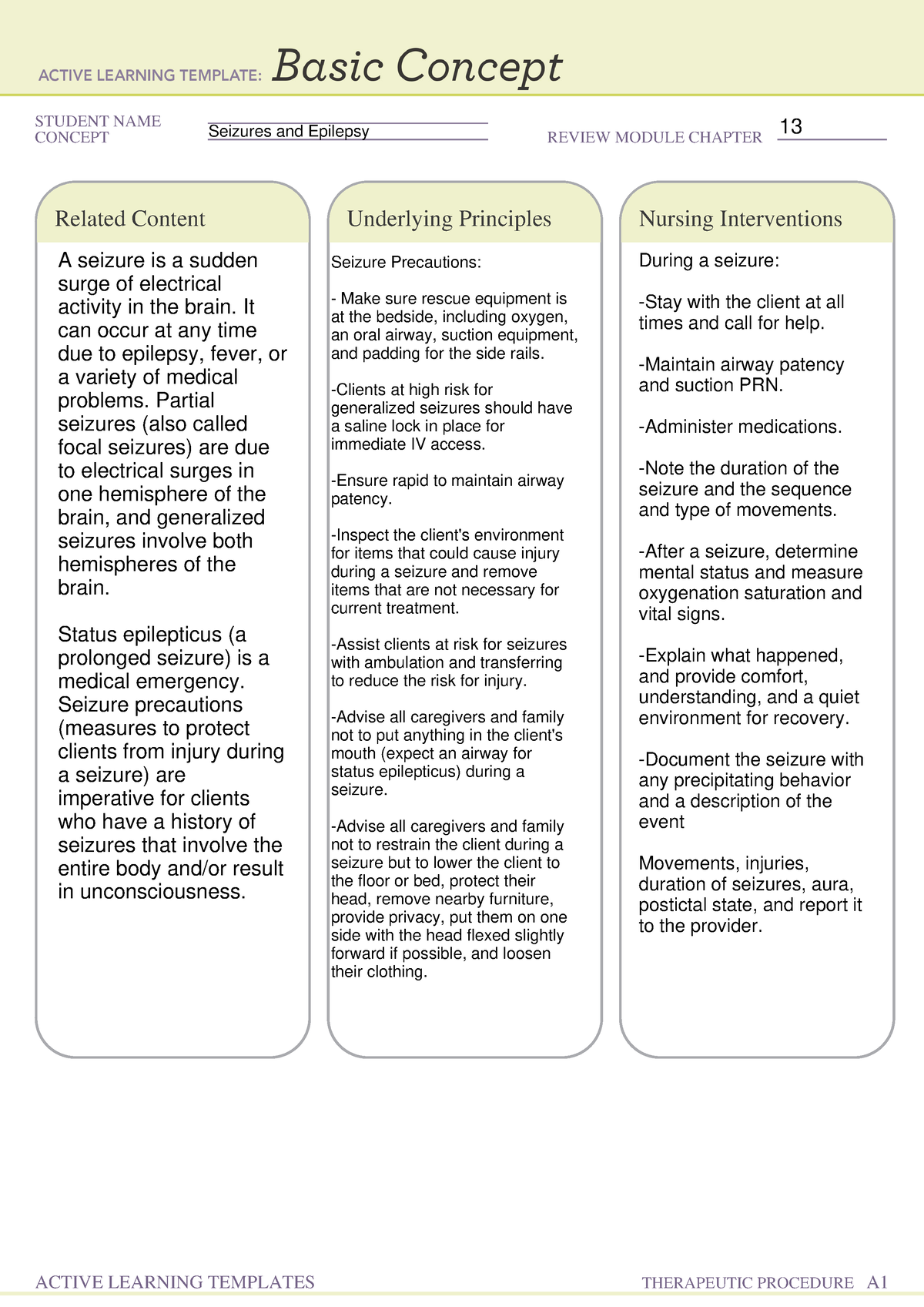 Seizures and epilepsy ATI active learning template RNURS022