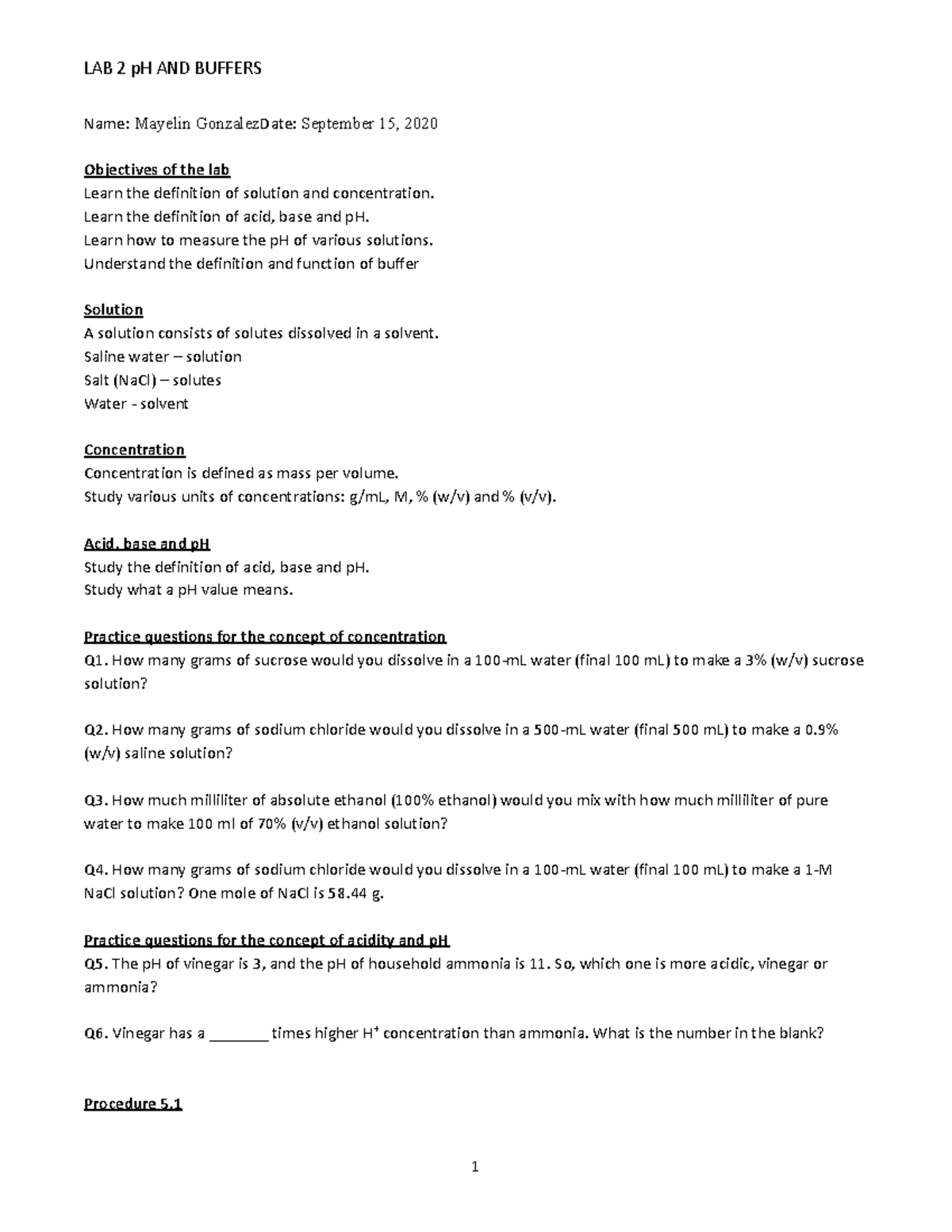 LAB 2 p H and Buffers Chemistry LAB 2 pH AND BUFFERS Name Mayelin
