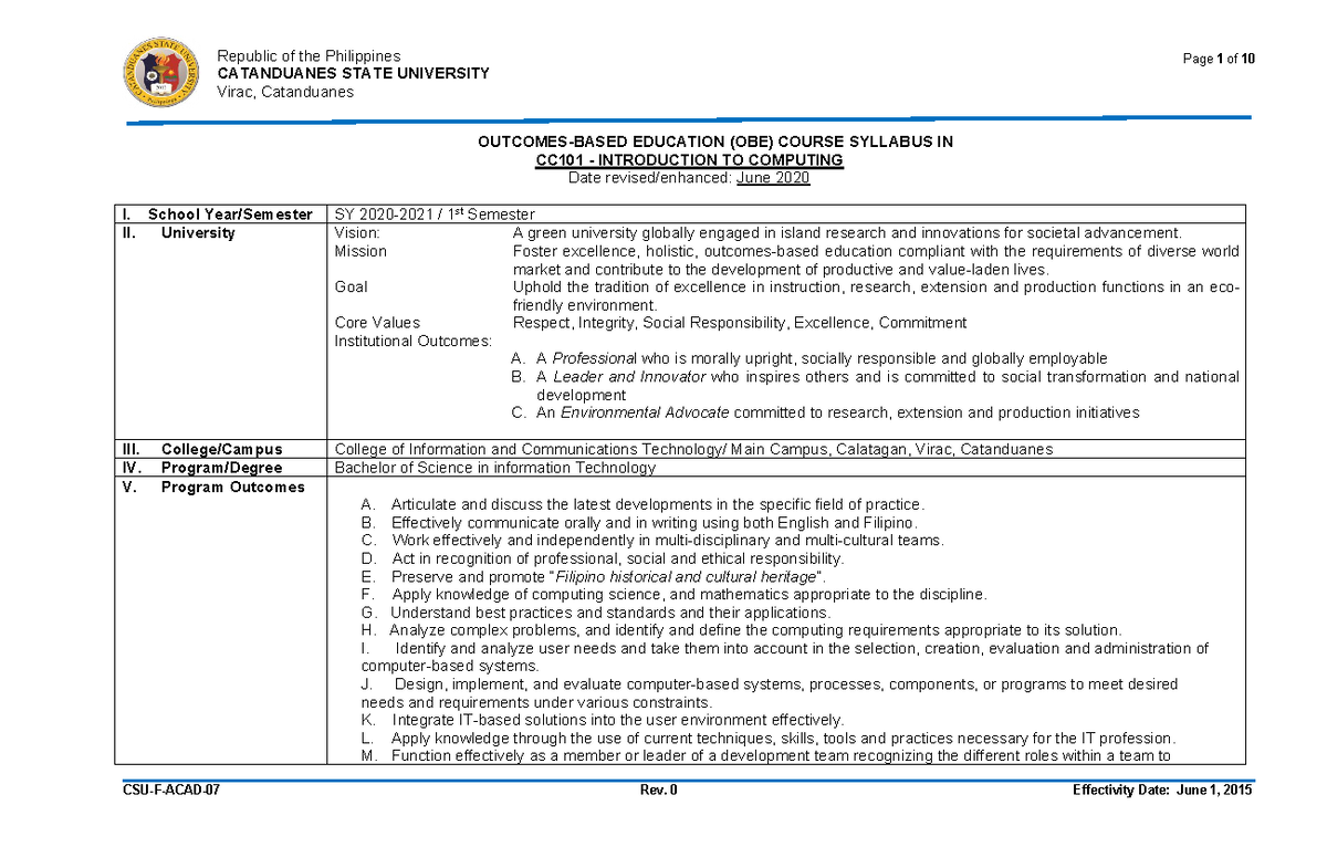 CC101 Intro-TO- Computing - Page 1 of 10 CATANDUANES STATE UNIVERSITY ...