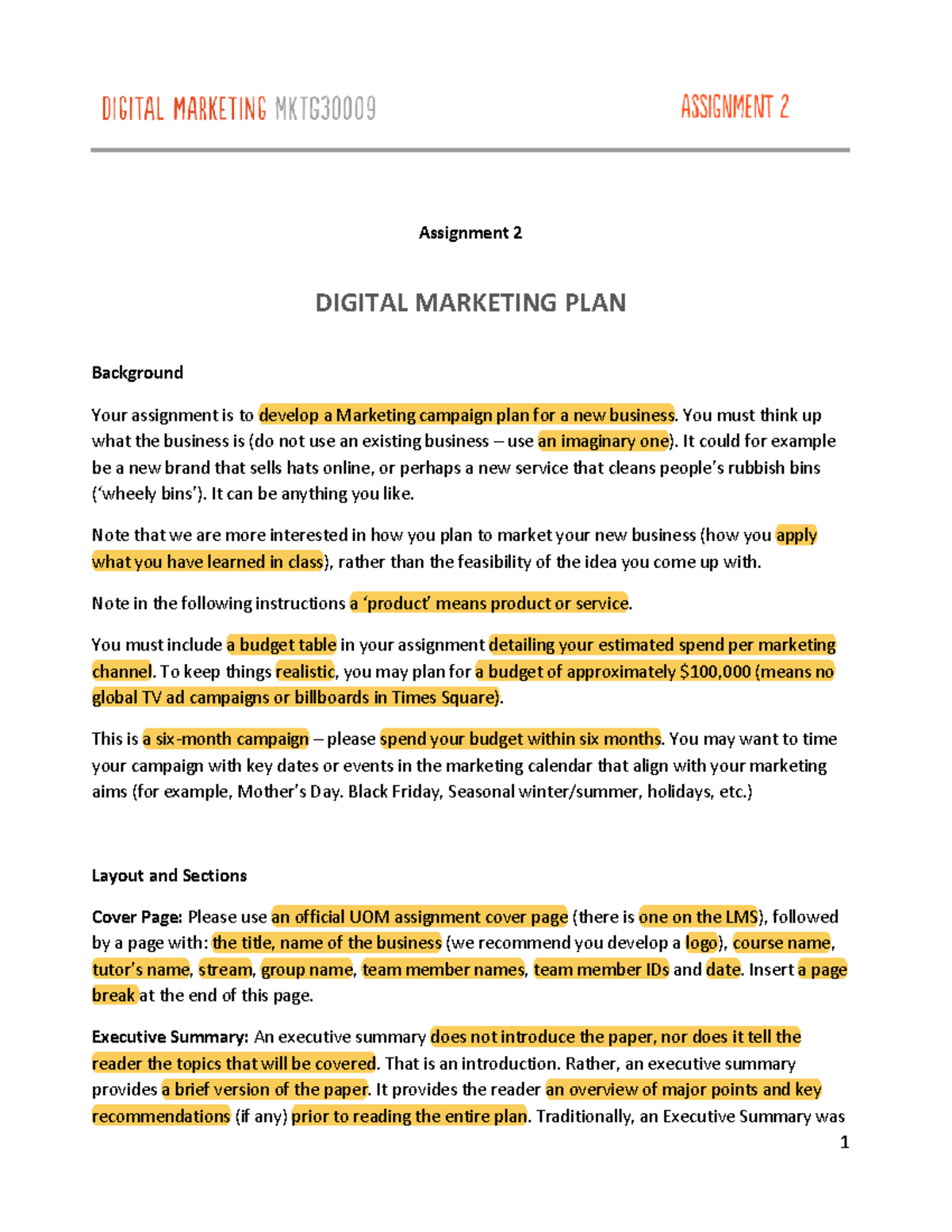 Assignment 2 instructions - Assignment 2 DIGITAL MARKETING PLAN ...