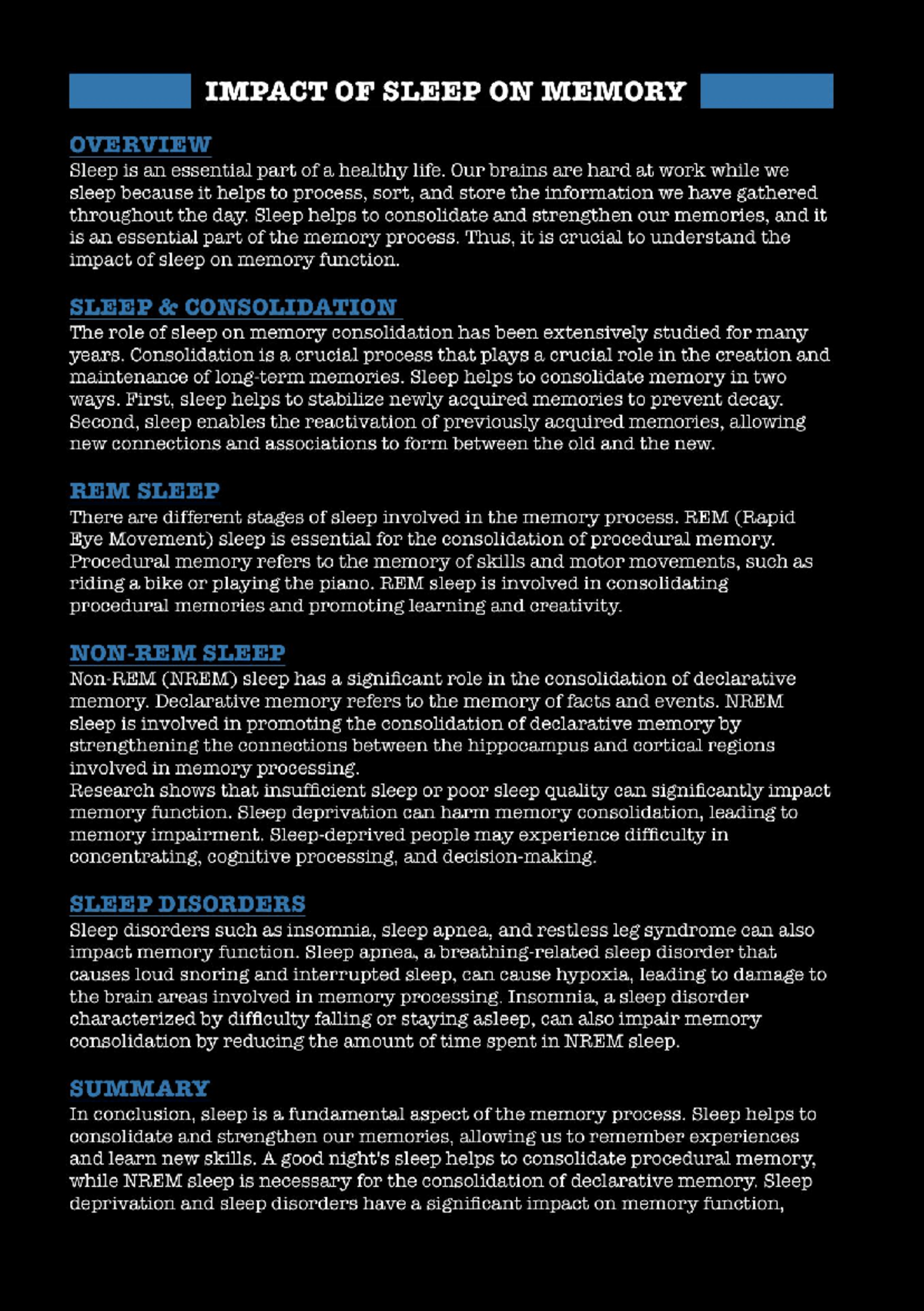 Summary: Impact of Sleep on Memory - 8638 - Studocu