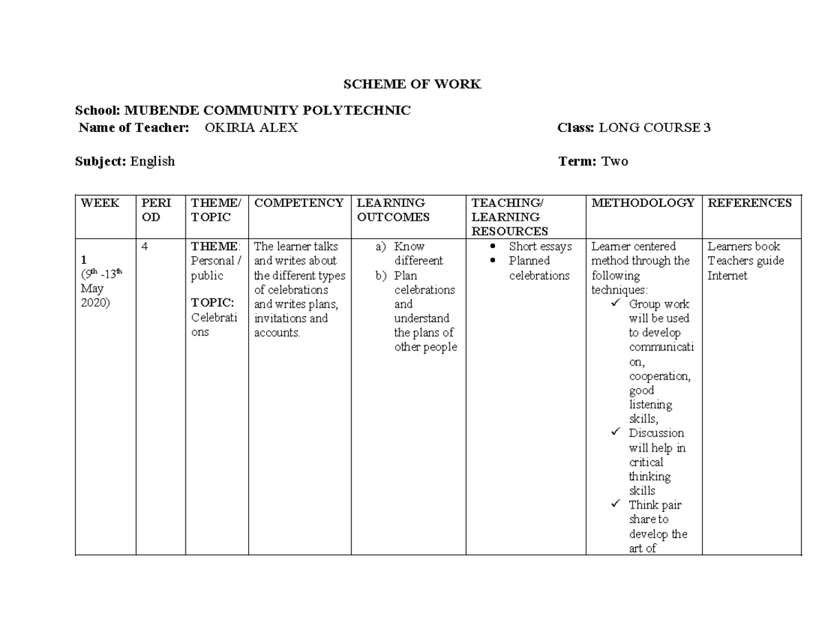CPC 3 - Education - SCHEME OF WORK School: MUBENDE COMMUNITY ...